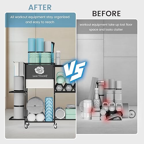 Vista 13 de Estante de almacenamiento para esterilla de yoga, estante de almacenamiento de gimnasio en casa, equipo de entrenamiento, organizador de Negro