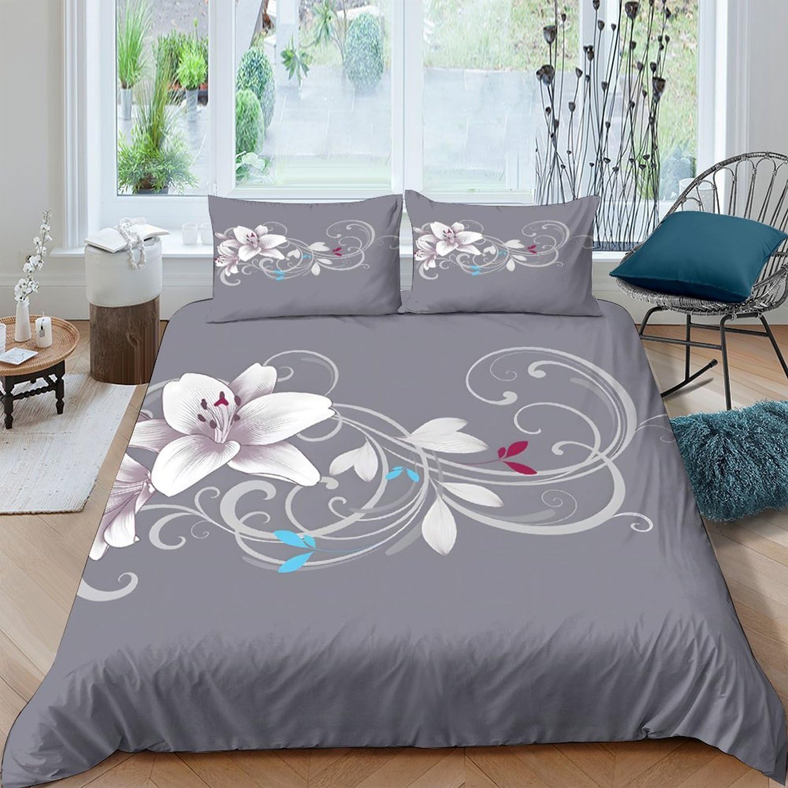 Ctjqhvkz Style-10 3D Printed Floral Blossom Fitted Sheet Microfiber Soft Grey Orchid Bed Sheet Bedroom Decor Mattress Cover Single（135X200cm）