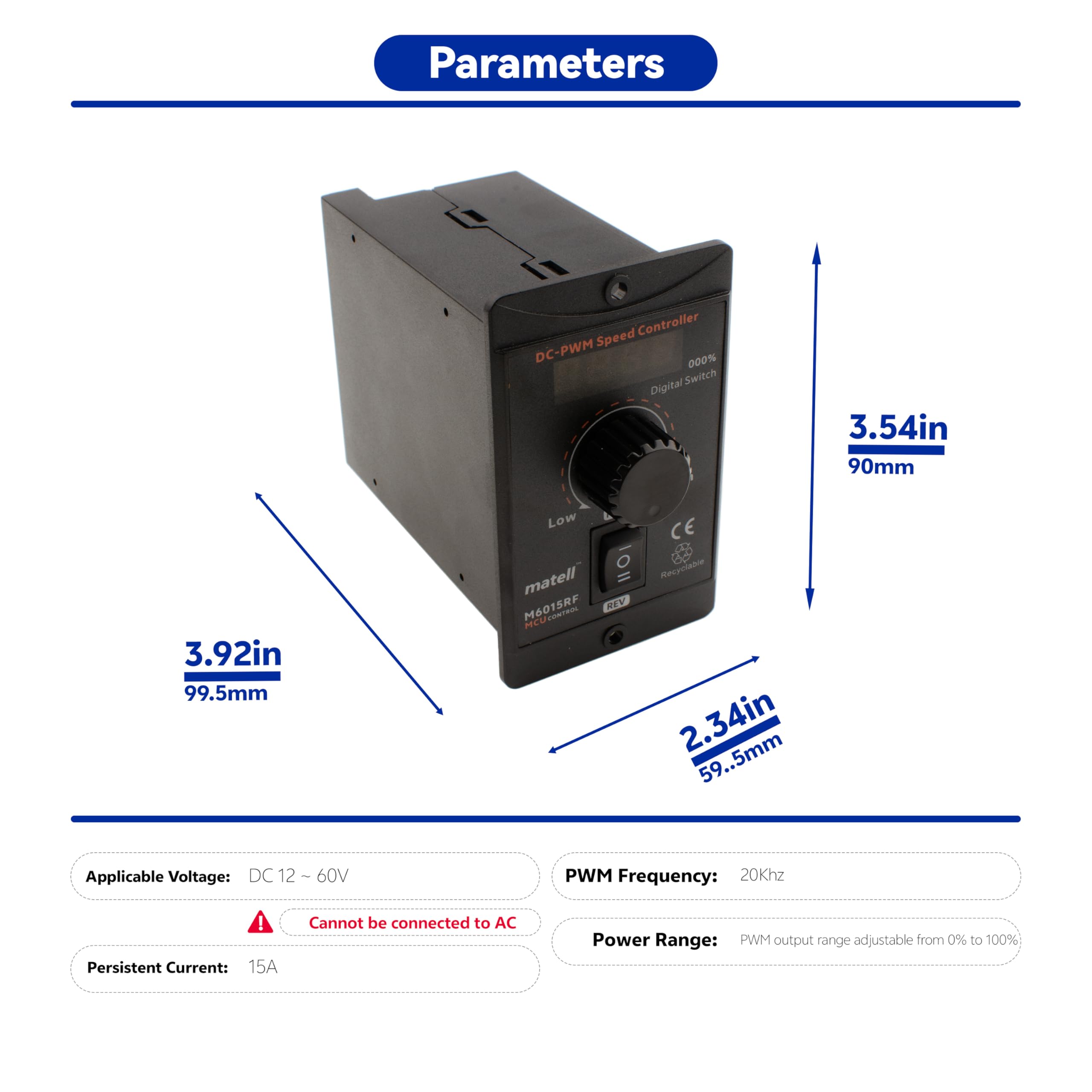 matell Affichage numérique DC 12-60 V 20 A Contrôleur de vitesse du moteur, avant/arrière