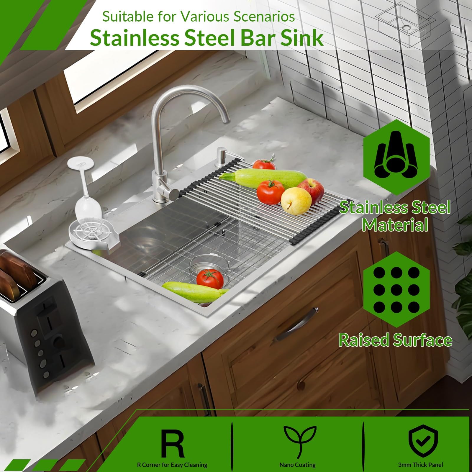 Fregadero Cocina 1 Seno, Acero Inoxidable Fregadero Con Escurreplatos Y Dispensador De Jabón, Fregadero De Cocina Pequeño Con 2 Agujeros Pretaladrados, Fregadero Sobre Encimera O Enrasado(Silver#2,85x