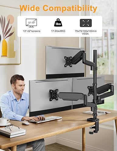 Miniatura 3 de FORGING MOUNT Soporte para monitor triple, soporte articulado ajustable de escritorio para 3 monitores para pantallas de 13 a 32 pulgadas de hasta