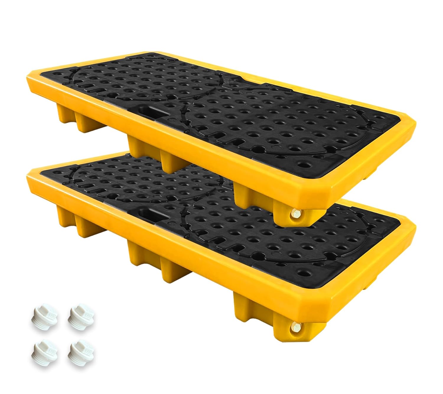 2 pcs-2 Drum Spill Containment Pallet Platform w/Drain 18.5 Gallon 51.2x27.2x5.9in 2645lbs Load Capacity Forkliftable Low Profile LDPE 4 Drum Spill Containment Tray for Industrial Storage