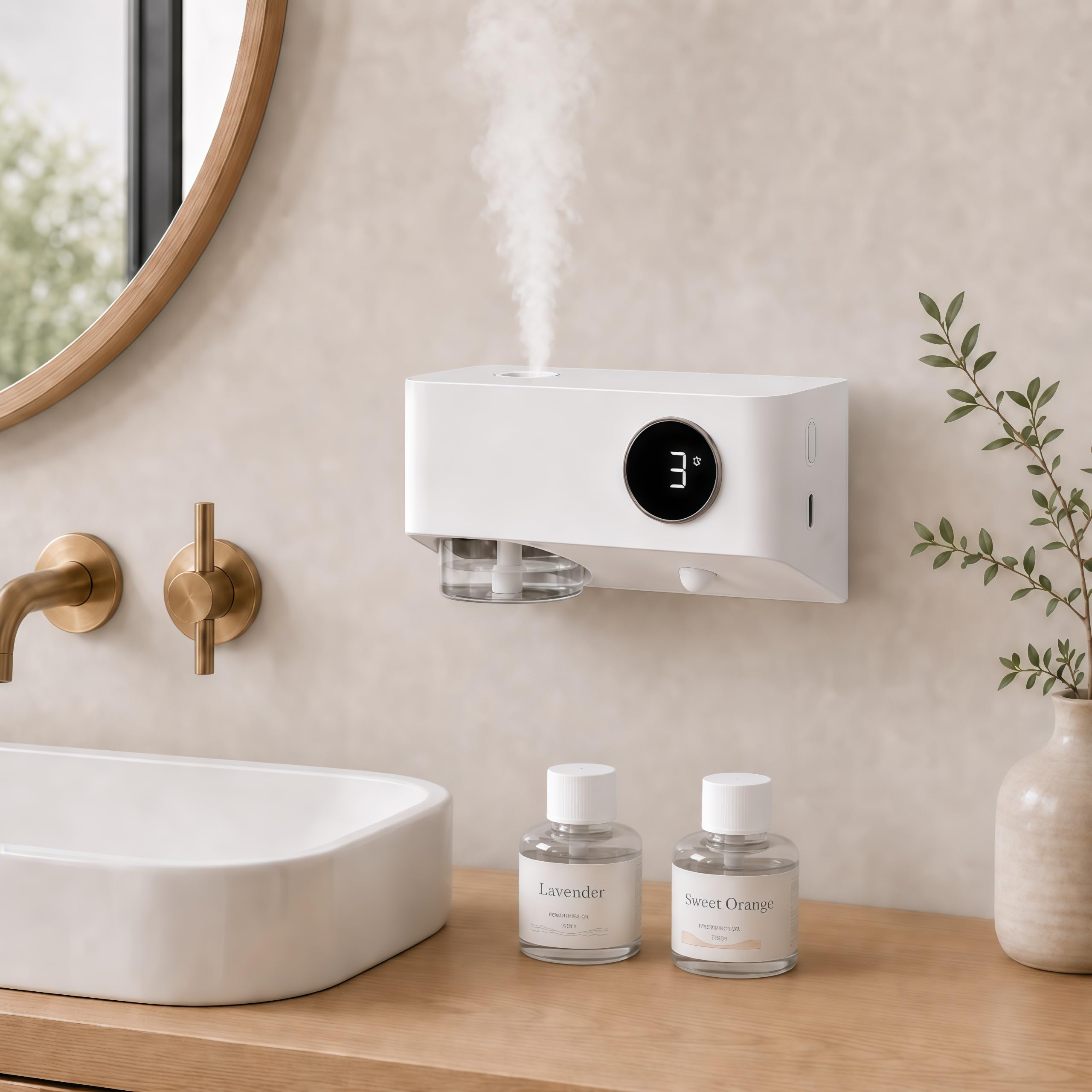 Diffuseur Huiles Essentielles avec Capteur de Mouvement, Veilleuse, Minuteur et Montage Mural, Diffuseur sans Réservoir d’Eau, Diffuseur Parfum Maison avec 80ml d’Huile Parfumée (Lavande & Orange)