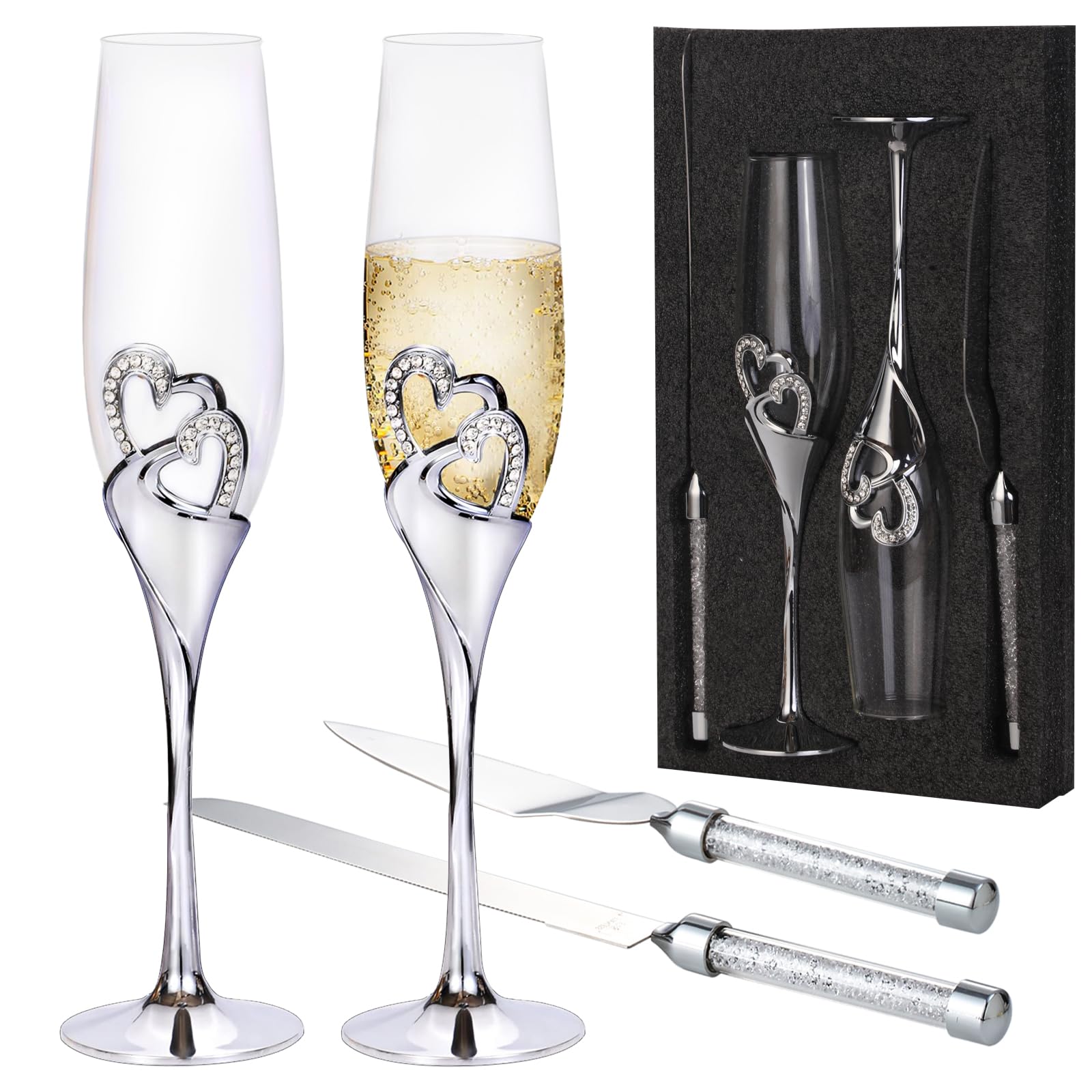 4 Piece Champagne Flutes and Cake Knife Server Set, Bride and Groom Toasting Flutes with Cake Cutting Set, Diamond Champagne Glasses Set for Wedding Reception Anniversary Party House Warming, Silver