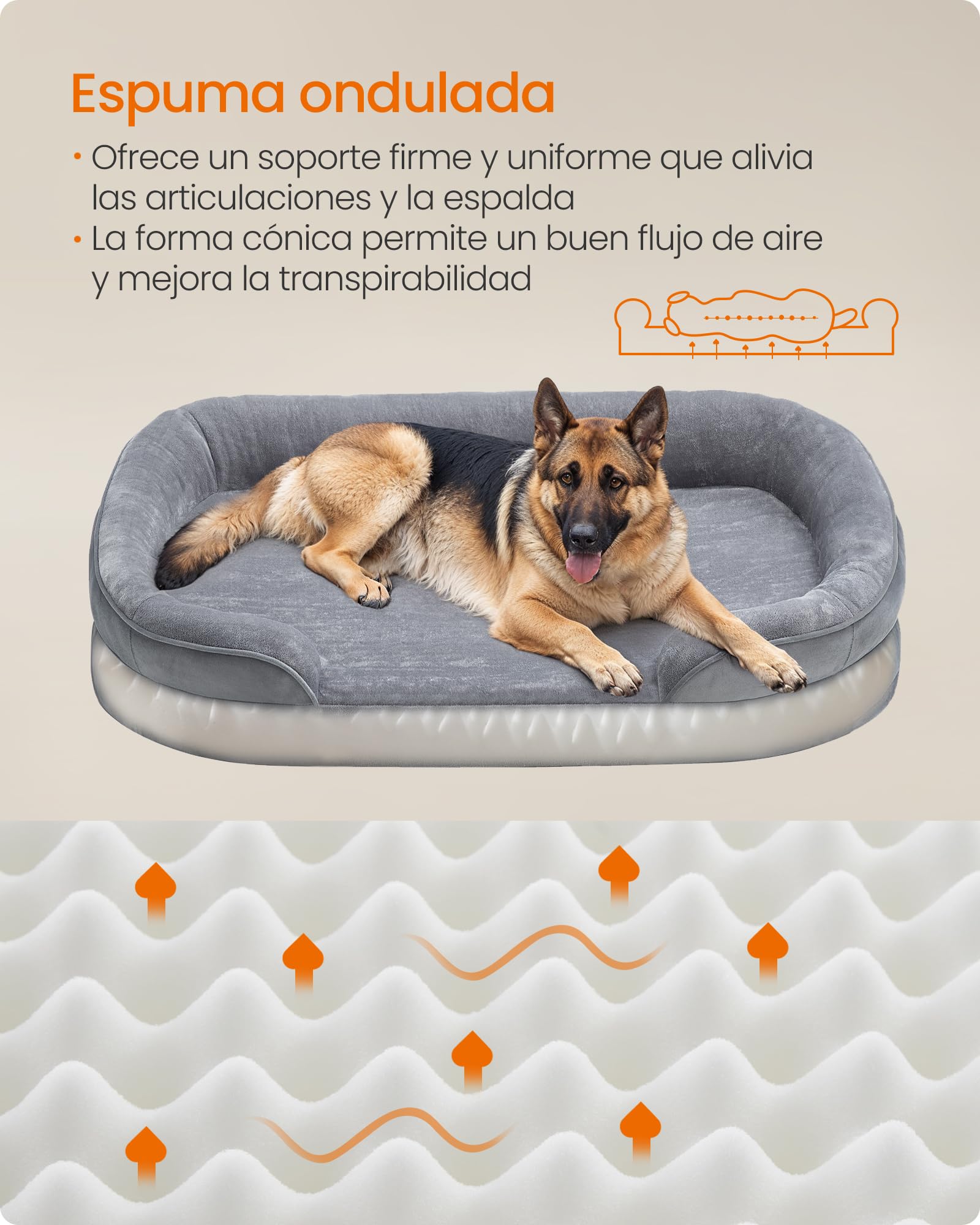 Feandrea Cama para Perros Extra Grandes, 122 x 85 x 18 cm, Ortopédica, Espuma de Nido de Abeja, Forro Repelente al Agua, Bordes Elevados, Funda Extraíble y Lavable, Gris Claro PGW284G01