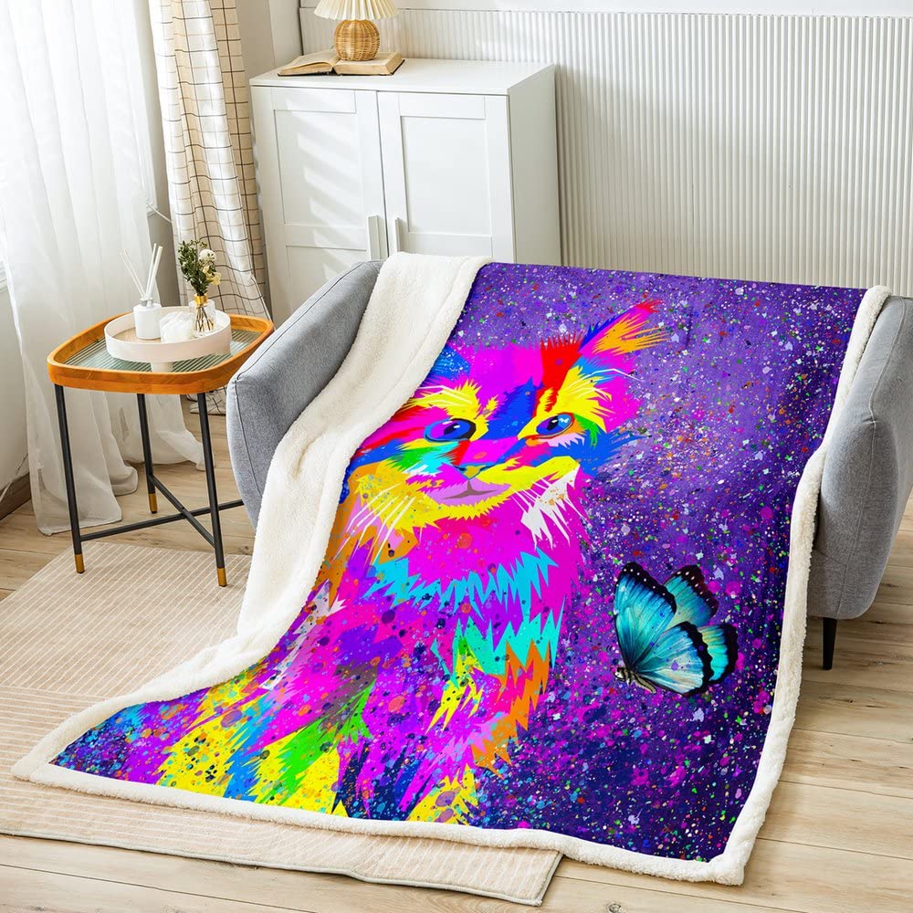 Manta de forro polar para gatos, para cama, sofá, mascotas, gatos, pintura de mariposas, galaxia, púrpura, manta de felpa 3D Animal Sherpa lindo gatito cálida manta de rey 87 x 94 pulgadas