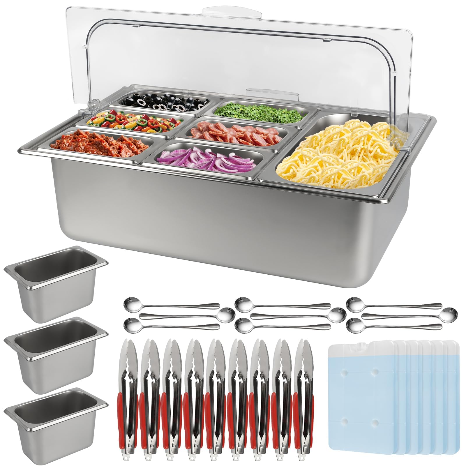 Kalolary Station de Garniture de pizza, 10 Casseroles Acier Inoxydable Organisateur d'Épices Bar Salade Buffet avec Cuillères Glacières Conteneurs Buffet pour Sauce Ingrédients Cuisine Restaurant
