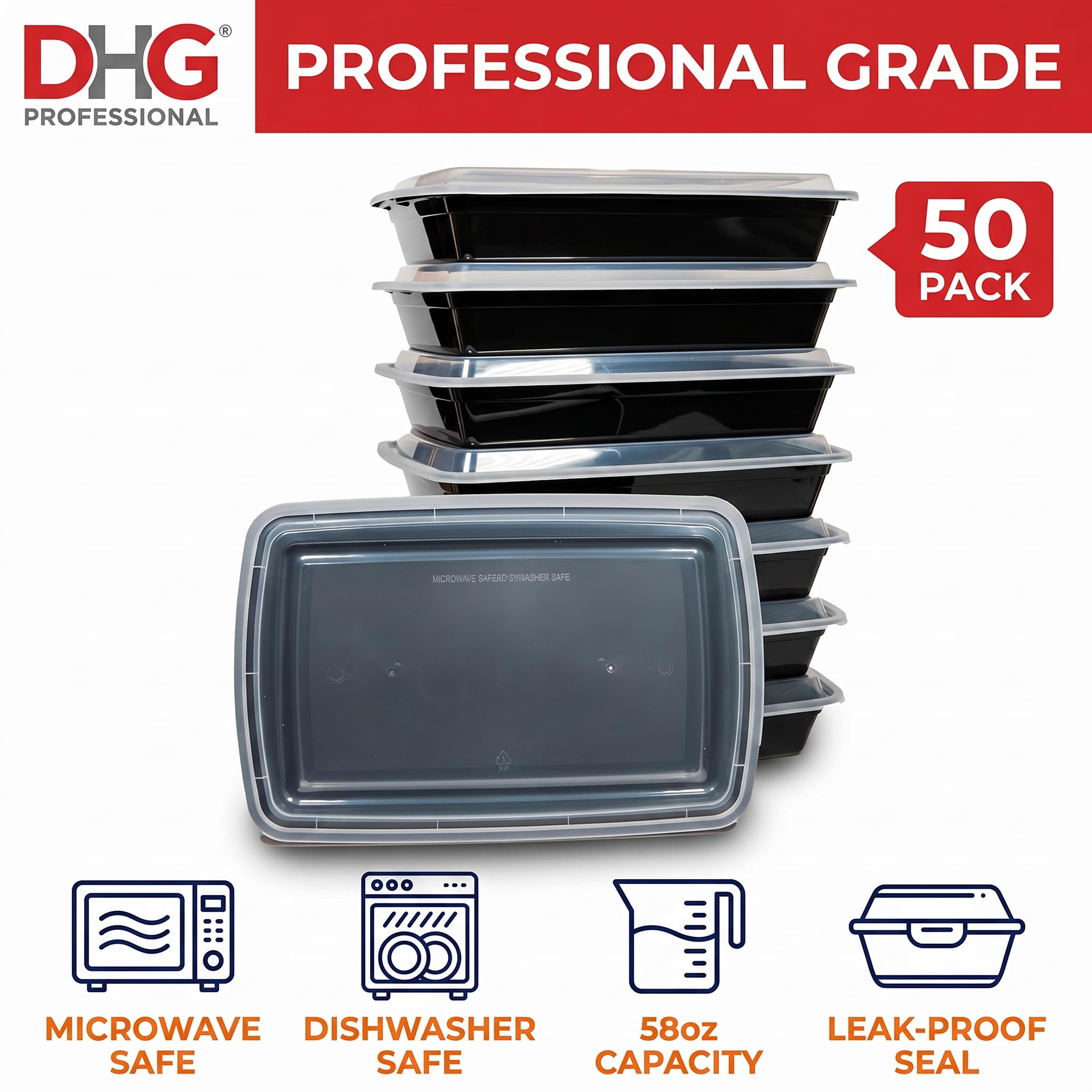 50 juegos de recipientes rectangulares de 58 onzas para preparación de comidas con tapas, recipiente de alimentos apto para microondas, plástico sin BPA, rectangular