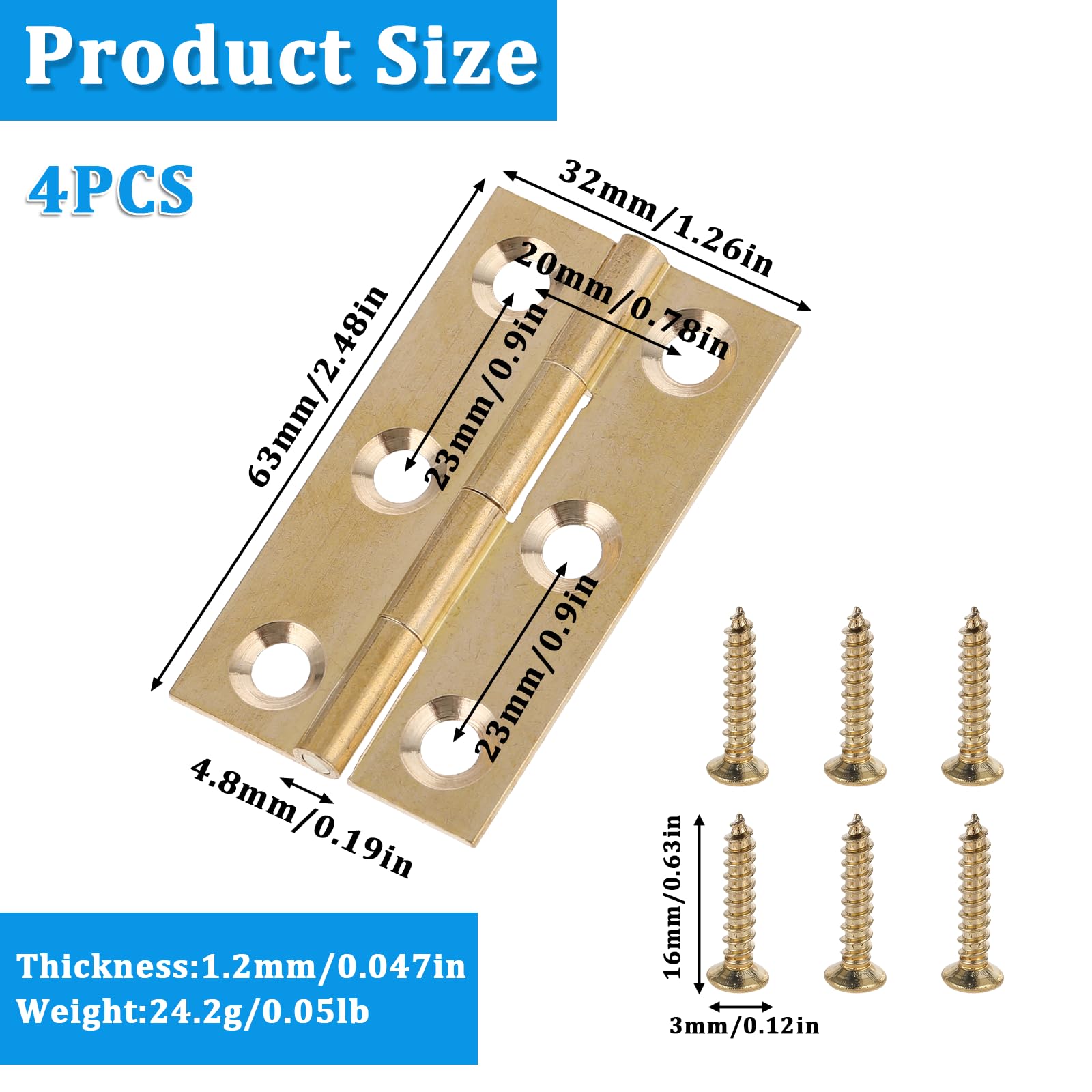 Styquenzer Lot De 4 Charnières De Porte Pliables En Laiton 5 X 3 Cm Dorées Avec 24 Vis - Pour Meubles, Porte De Tiroir