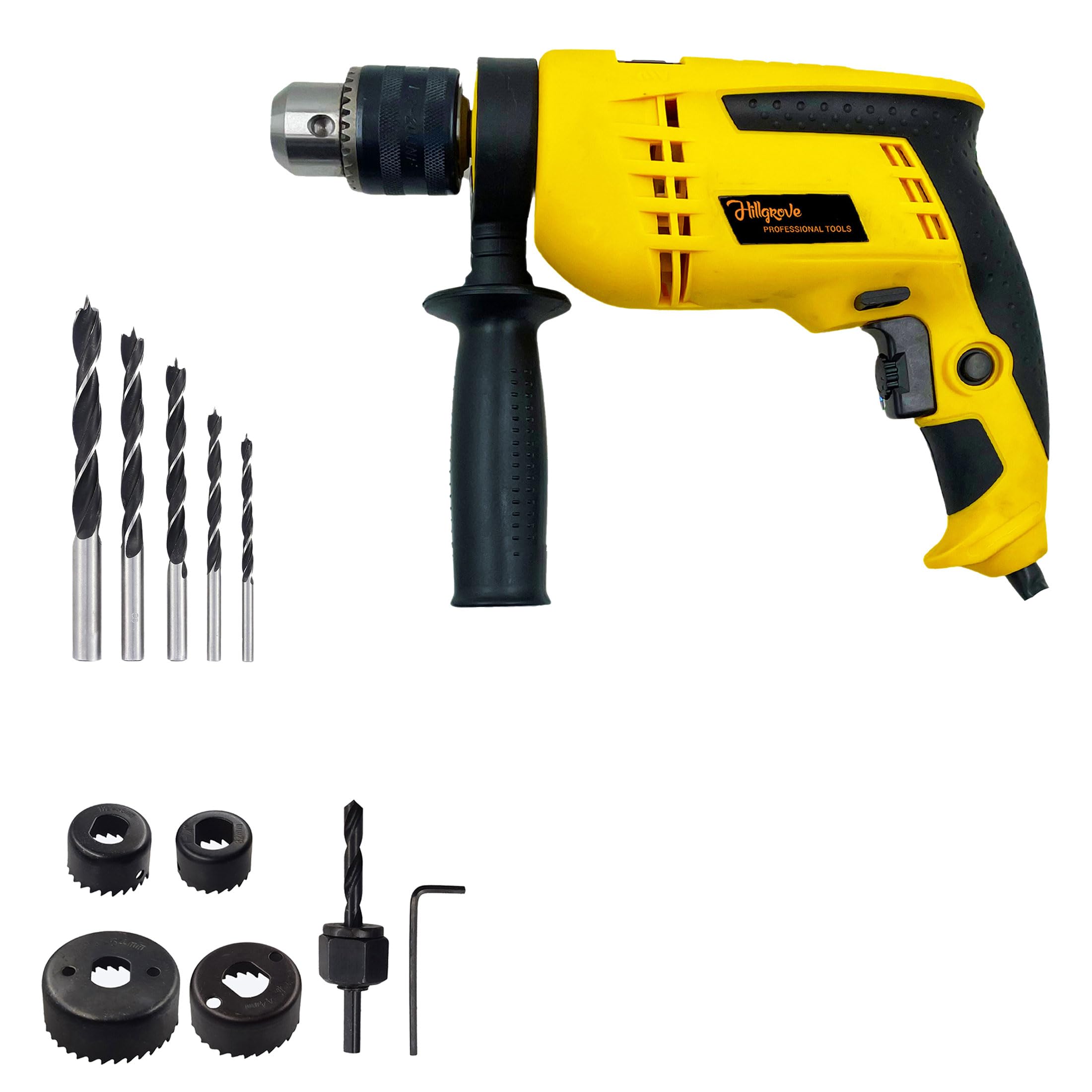 Hillgrove HGCM1140M2 700W Power Drill Machine with 5Pcs Wood Bits and 6Pcs Hole Saw Drill Bits for Making Holes in Metal/Wood/Concrete with Reverse Rotation and Variable Speed Pistol Grip