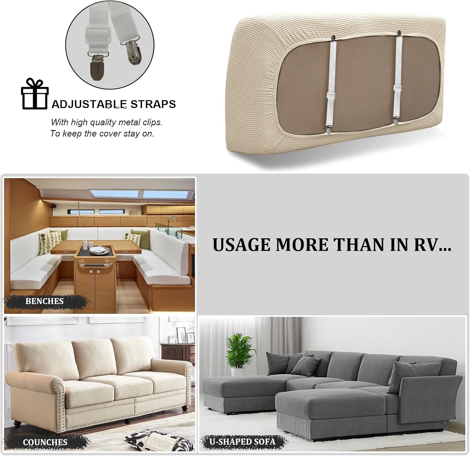 SYLC Caravan Seat Cover Stretch Jacquard, Non-slip RV Dinette Cushion Covers with 2 Straps, Couch Cushion Covers for Camper Sofa Bench (Beige,W 145-185 cm, D 45-65 cm) — view 4