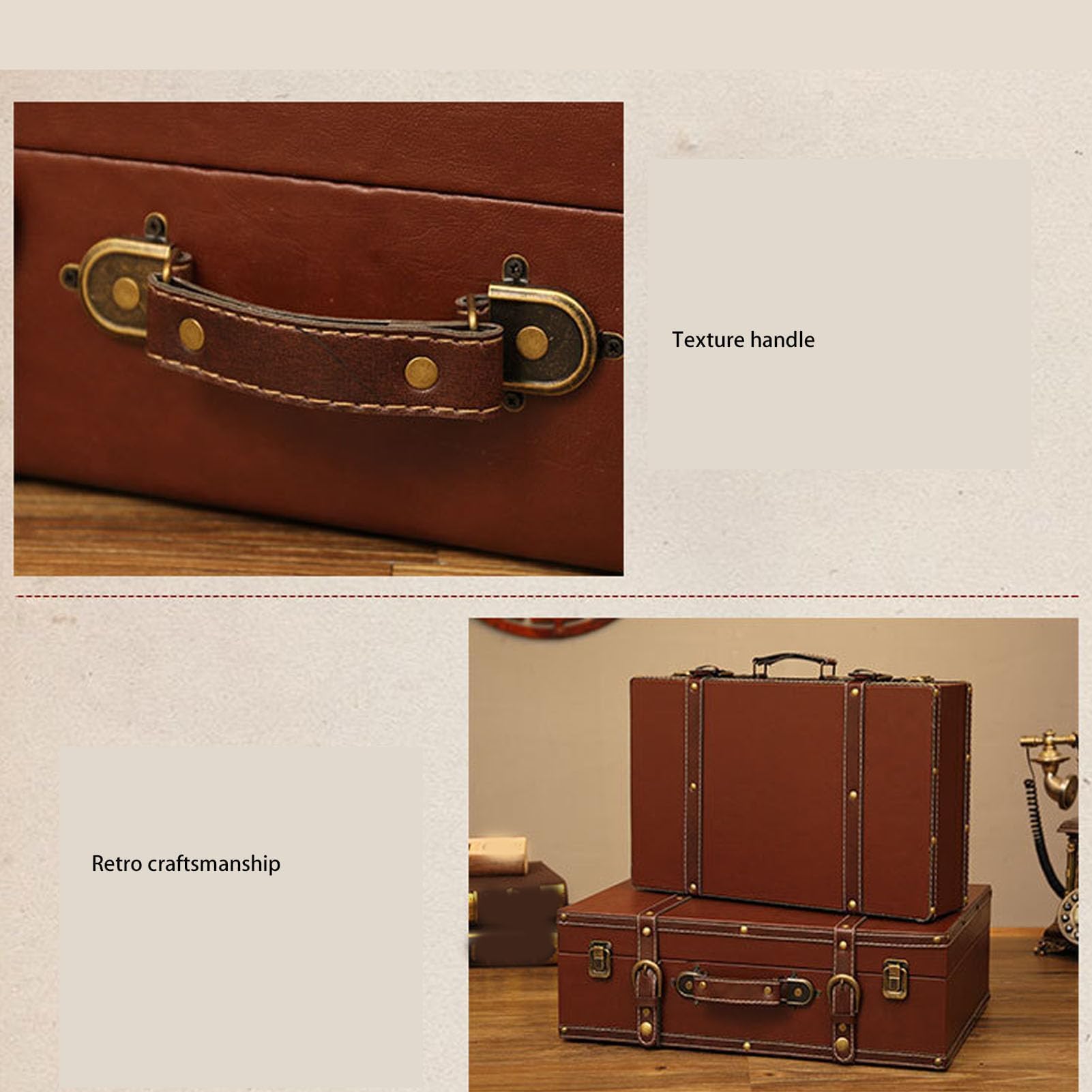 Pssopp Walizka retro, drewniane dekoracyjne walizki w stylu vintage, z lekkim uchwytem, 21,46 x 13,58 x 18,5 cm, dekoracyjne pudełka do przechowywania z zamkami ze stopu dla rodzin podróżujących,