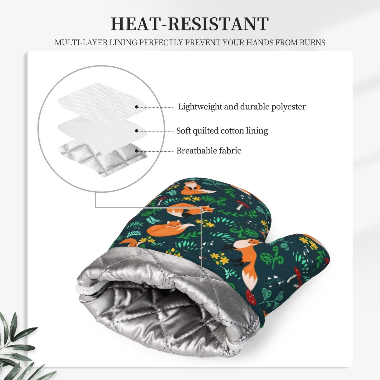 Lot de 4 maniques et maniques tendance en forme de renard - Résistantes à la chaleur - Motif floral vert - Pour cuisine, pâtisserie, grillades, barbecue
