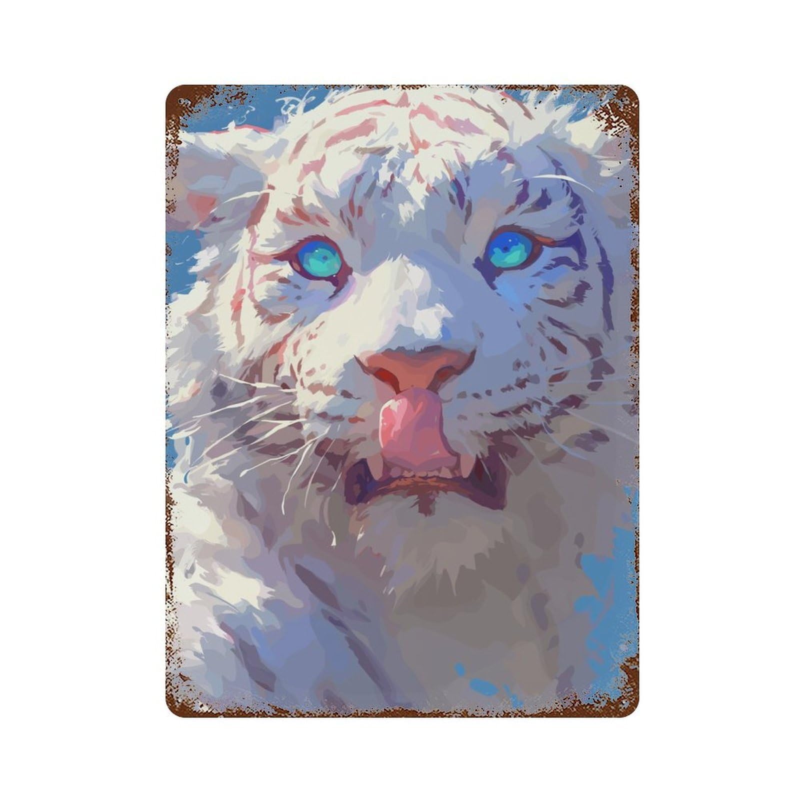 Rust Effect White Tiger Rusty Metal Tin Sign 15.7"x11.8", Old School Wall Decor for Basement, Hobby Room And Garage Decor