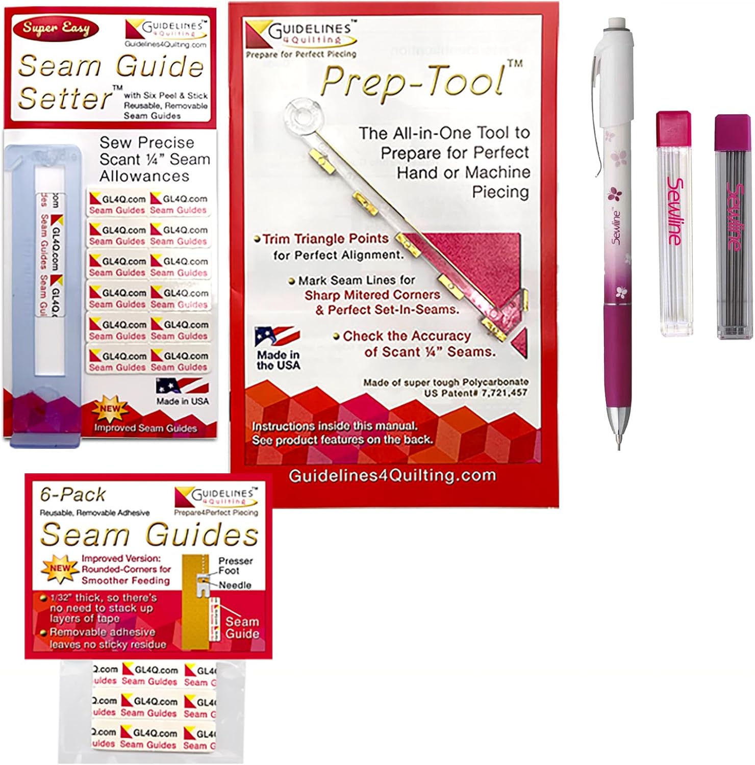 Guidelines4quilting Super Easy Scant 1/4 Inch Set | Accurate Blocks, Sharp Mitered Corners, Points, Set-in Seams. 12 Seam Guides, 1 Setter, 1 Prep-Tool, 1 Sewline Pencil and Refills. Made in USA