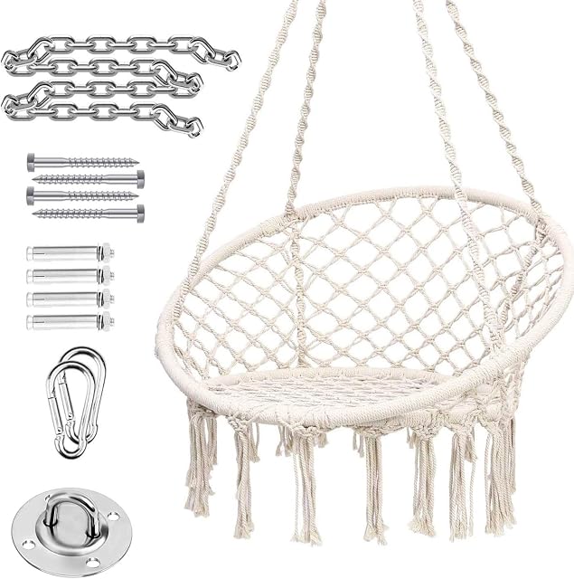 Hammock Chair, Cotton Rope Hanging Chair Bedroom, Chaise Suspendue with Hanging Hardware Kit, 31" Wide Swing Chair for Bedroom, Indoor, Outdoor, Patio, Yard, Max Weight 265 Lbs (Beige)
