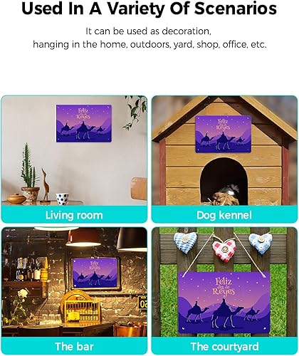 Miniatura 5 de Placa de metal para pared, diseño de camello morado degradado con texto en inglés "Three Kings Day", decoración de pared duradera para colgar en la
