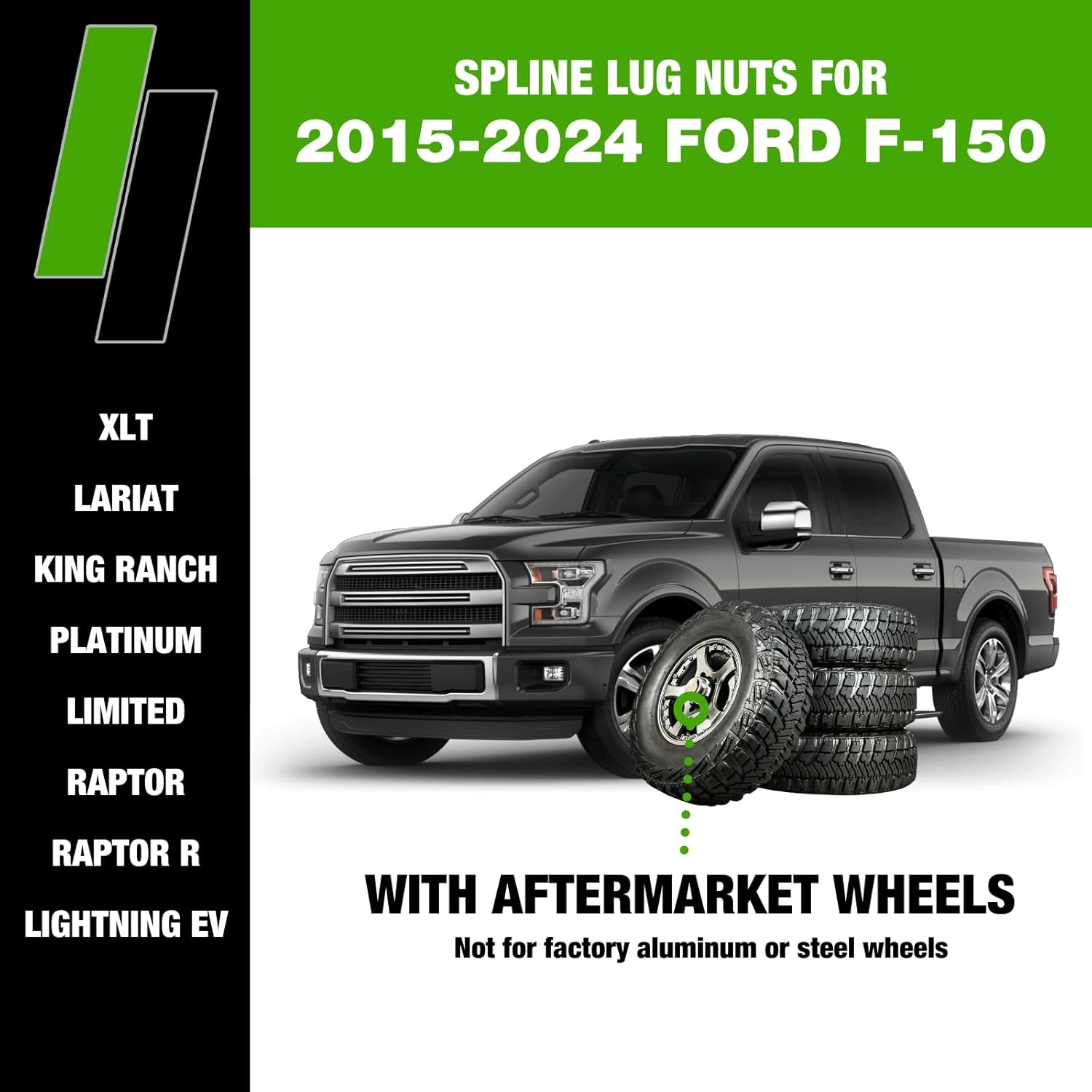DPAccessories Lug Nuts Compatible with 2015-2024 Ford F-150 | Black Spline Style | Aftermarket Aluminum Wheels Only | Set of 24 Wheel Nuts & 1 Tool | DF152A-BK/024