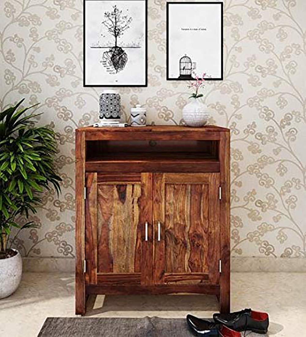 Multipurpose Solid Sheesham Wood Shoe Rack Cabinet with Drawer and 4 Shelf Wooden Shoes Storage Stand Furniture for Home Office - Brown Finish-image-45