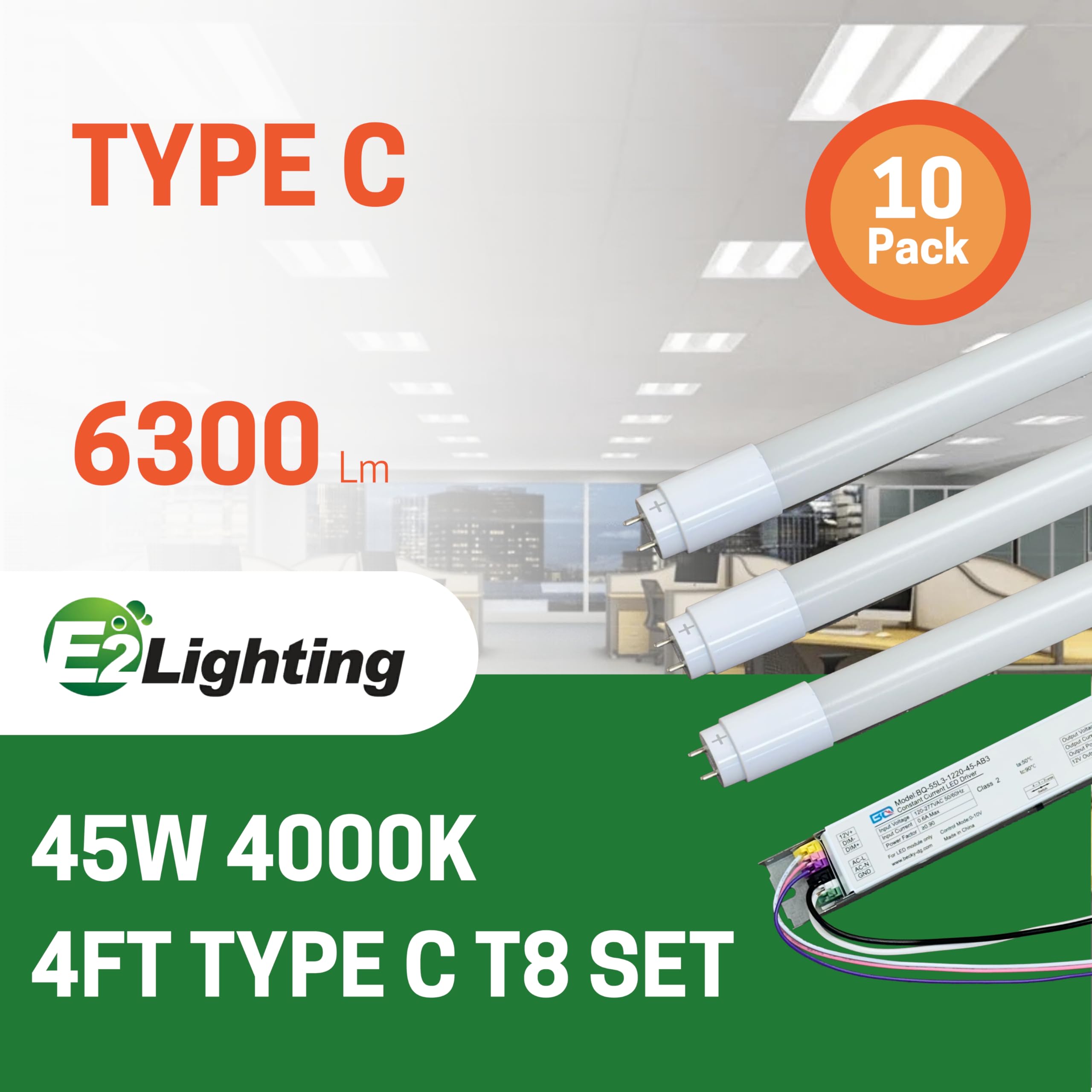 15/30/45W 4000/5000/6500K LED Type C T8 Tube Light Kit with Driver, 1/2/3 Tube&1 Driver, Replacement for T12/T5/T8 Troffer/Strip Fixtures for Commercial Space-30/15/10 Pack (45W Kit (10 Pack), 4000K)