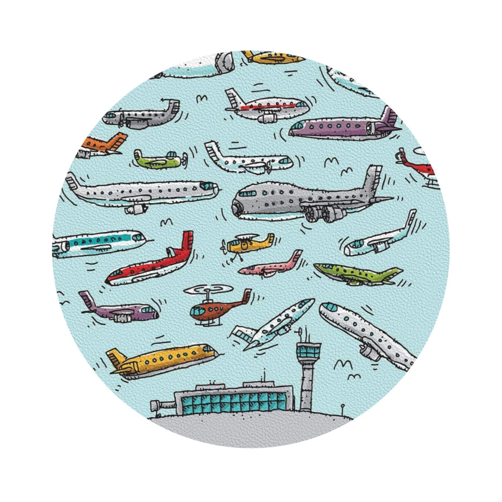 Cartoon Airplane PU Leather Coasters Set of 6 Round Drink Coasters