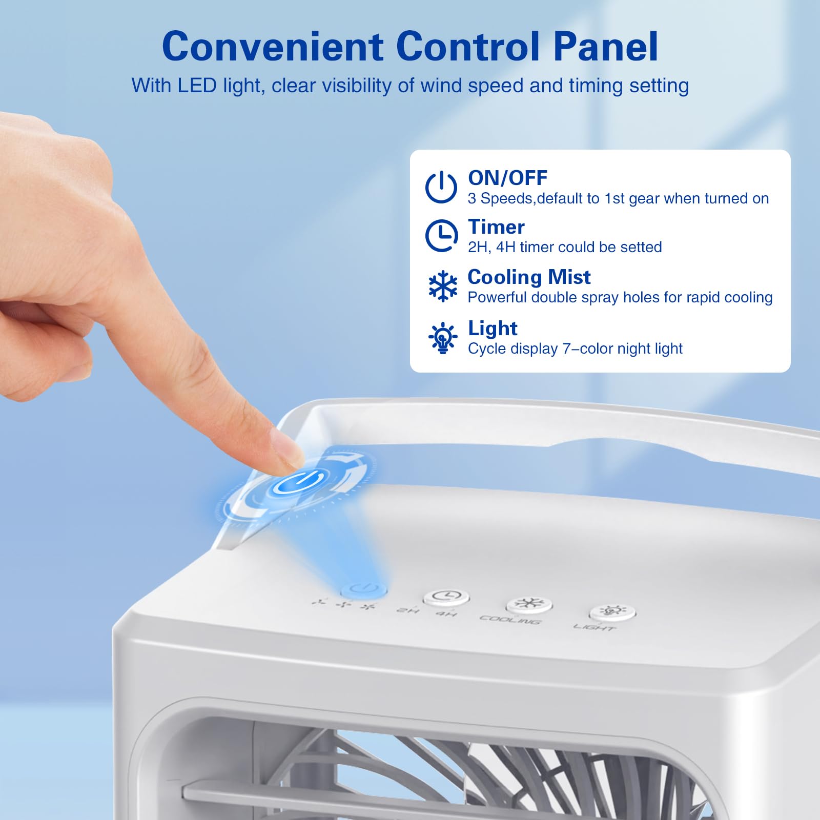 Aire acondicionado portátil, 3 velocidades de viento con modo de niebla helada, unidad de CA portátil, tanque de 30.4 fl oz, ventilador evaporativo de aire soplado, mini ventilador de 5