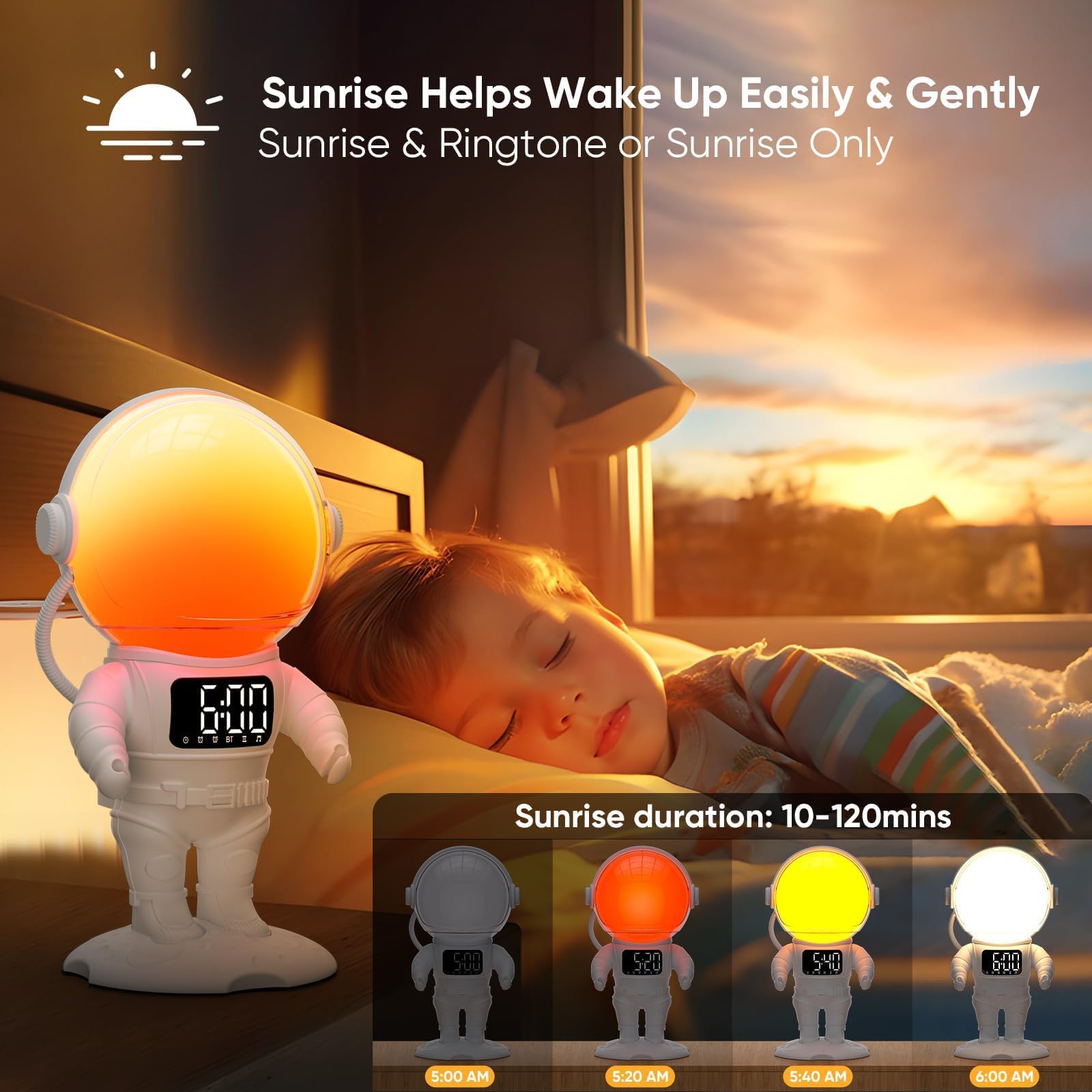 AFEXOA Réveil Enfant, Lampe de Réveil avec 7 Sonneries, Snooze, 21 Sons Apaisants, Minuterie, Enceinte Bluetooth, Lampe de Chevet Multicolore