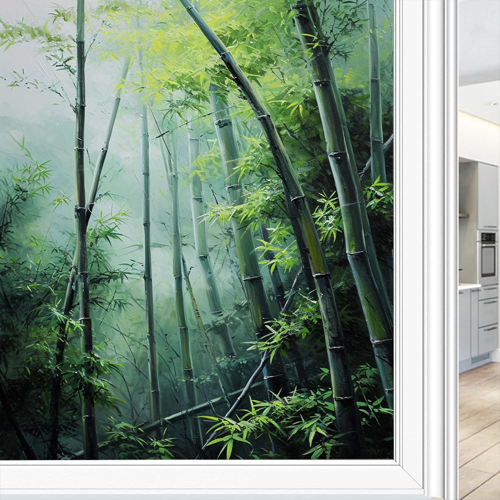Modern Green Bamboo Window Film Privacy Watercolor Spring Tree Landscape Window Clings for Glass Decorative Stickers Static Cling Sun Blocking Coverings 60x90 cm
