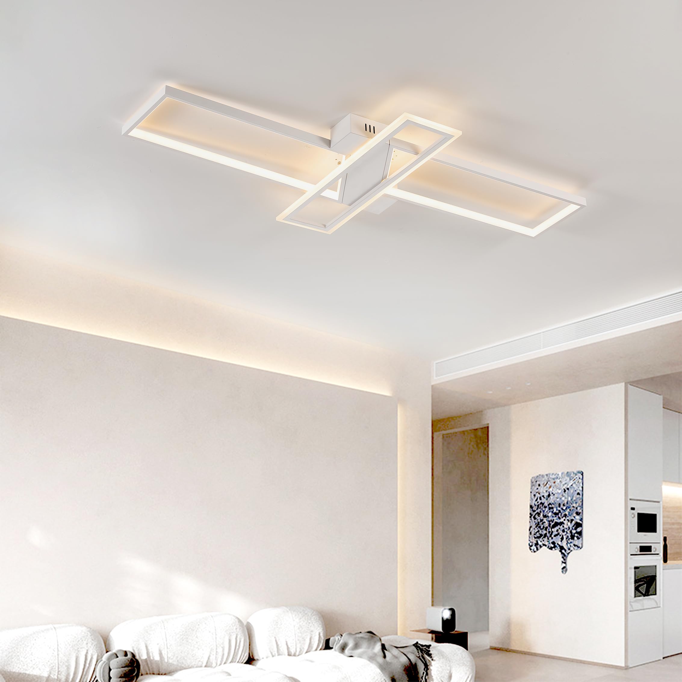 LED Deckenleuchte Dimmbar Wohnzimmer Deckenlampe mit Fernbedienung APP, 3000K-6000K, 74W Weiß Wohnzimmerlampe Schlafzimmer Lampe Rechtecke Modern Deckenbeleuchtung Nachtlicht und Timerfunktion