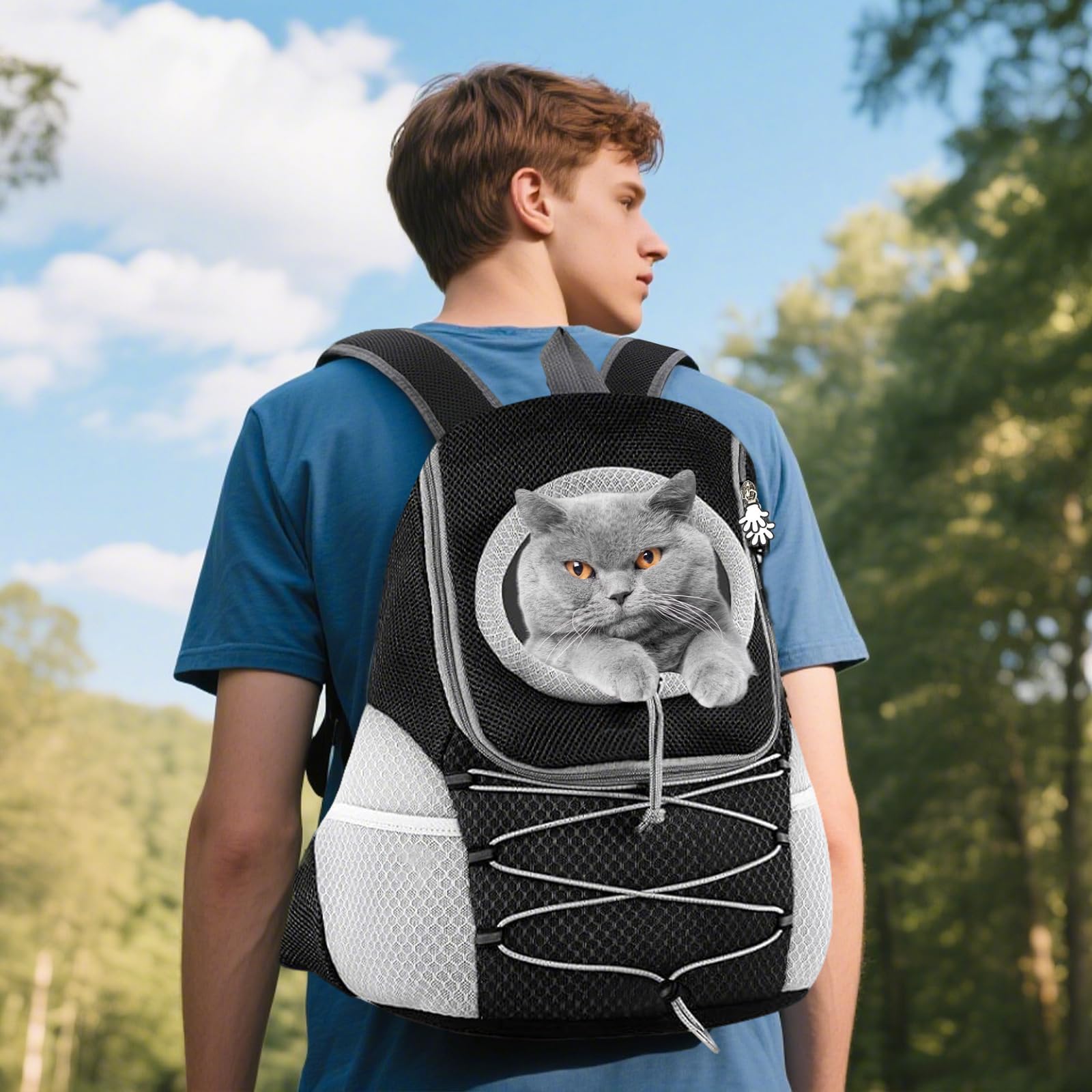 PETCUTE Mochila para Perros Ajustable,Transpirable Bolsa de Viaje para Mascotas con Parte Inferior Impermeable y Bolsillo,Cabeza Fuera,Mochila Transportín Gato,para Viajar Camping Senderismo M