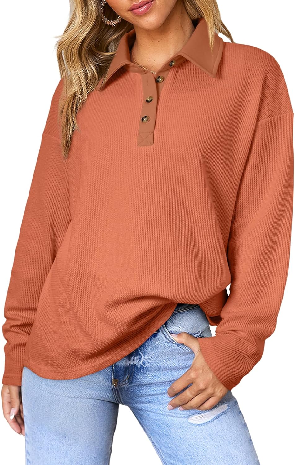 SHEWIN Polo Shirts for Women Casual Waffle Knit V Neck Collared Long Sleeve Shirt Button Tunics Tops SHEWIN Polo Shirts for Women Casual Waffle Knit V Neck Collared Long Sleeve Shirt Button Tunics Tops