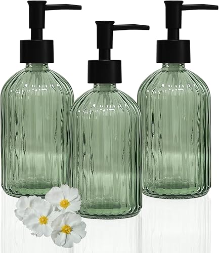Miniatura 1 de Juego de dispensador de jabón de vidrio verde con bomba negra, dispensador de jabón líquido de manos de 13.5 onzas, dispensador de jabón para platos