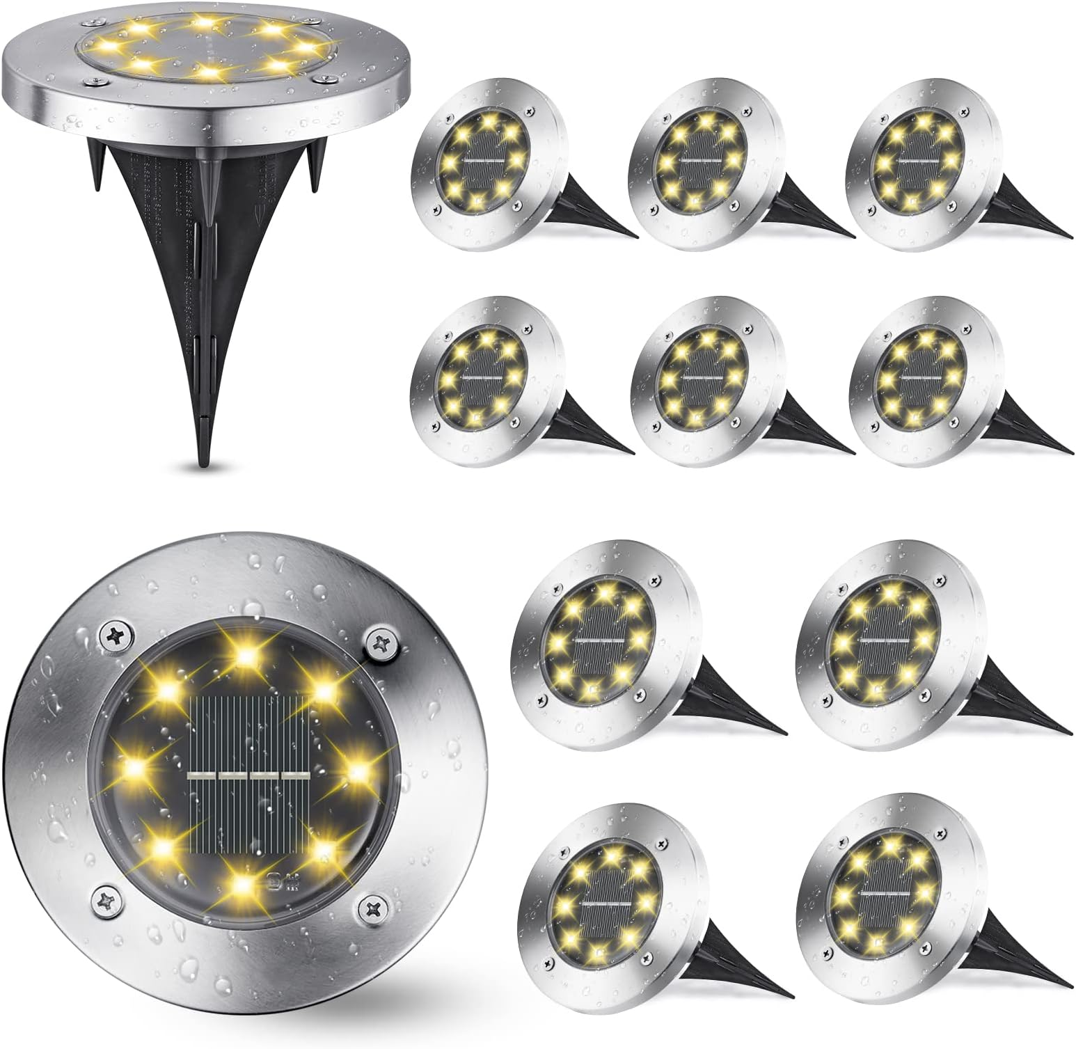 Joomer Solar Ground Lights, 12 Pack 8 LED Pathway Lights Waterproof In-Ground Outdoor Landscape Lighting Disk for Patio Pathway Lawn Yard Driveway Walkway (Warm White)