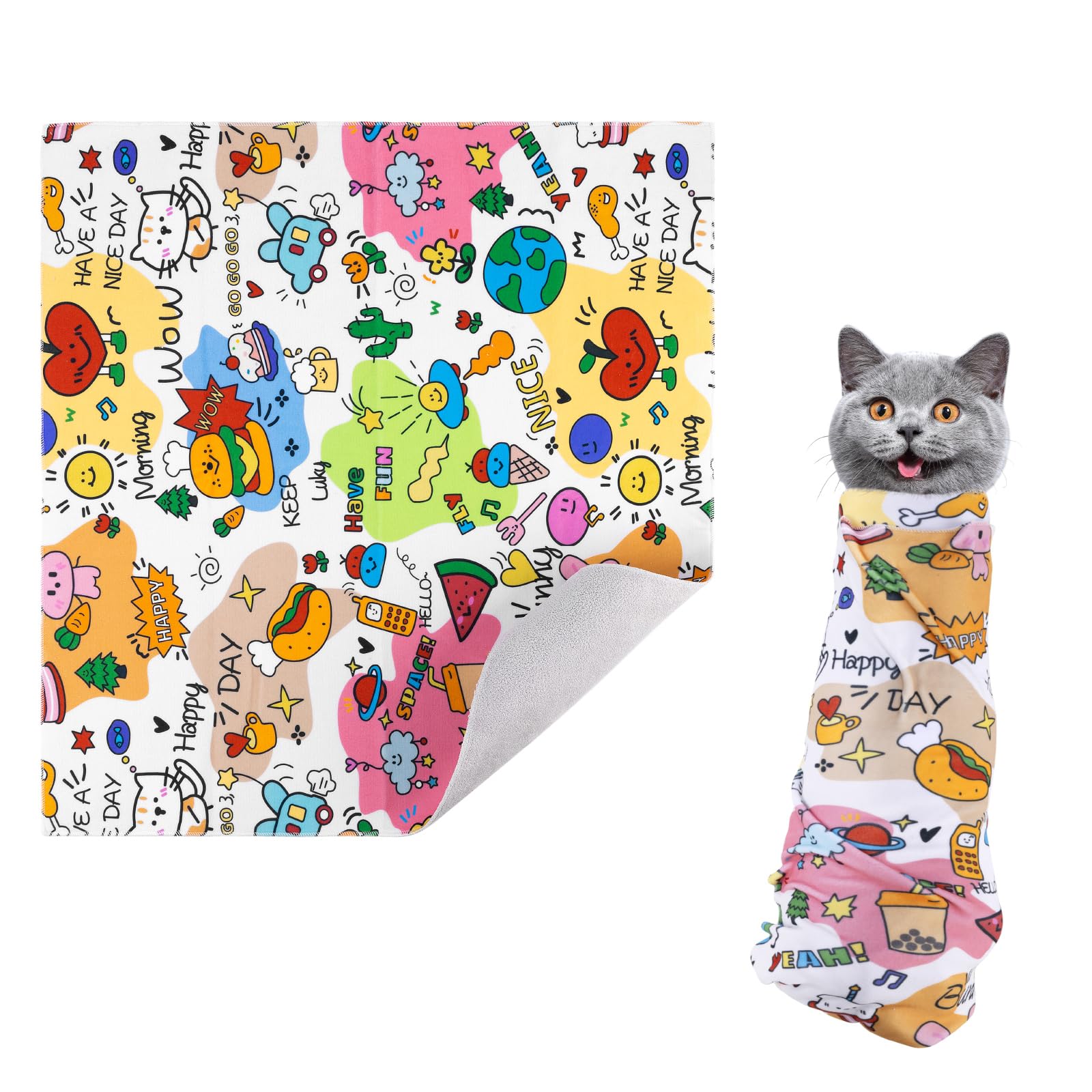 Likesing Cat Wrap for Grooming, Velcro Fabric for Cats Pet, Calm and Cozy Cat Swaddle Wrap Burrito Wrap Cat Restraint for Nail Clipping Medication Clean Ears Brush Teeth (Graffiti, 30.7 Inch(±1Inch))