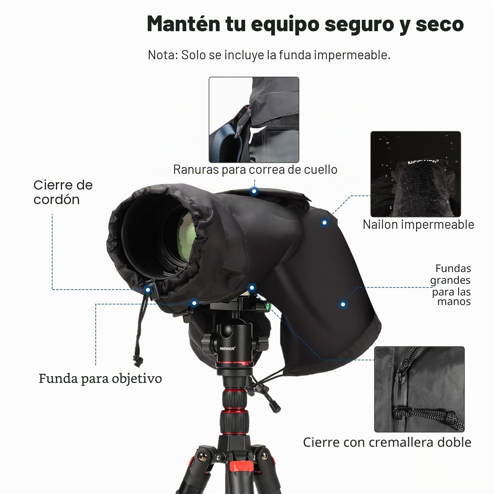 NEEWER Protector de Lluvia para Cámara, Impermeable Nylon Duradero Tamaño Pequeño Compatible con Canon Sony Nikon DSLR Cámara Vlog sin Espejo y Lente hasta 200mm, con Mangas, Cordones, Ventana, PB003