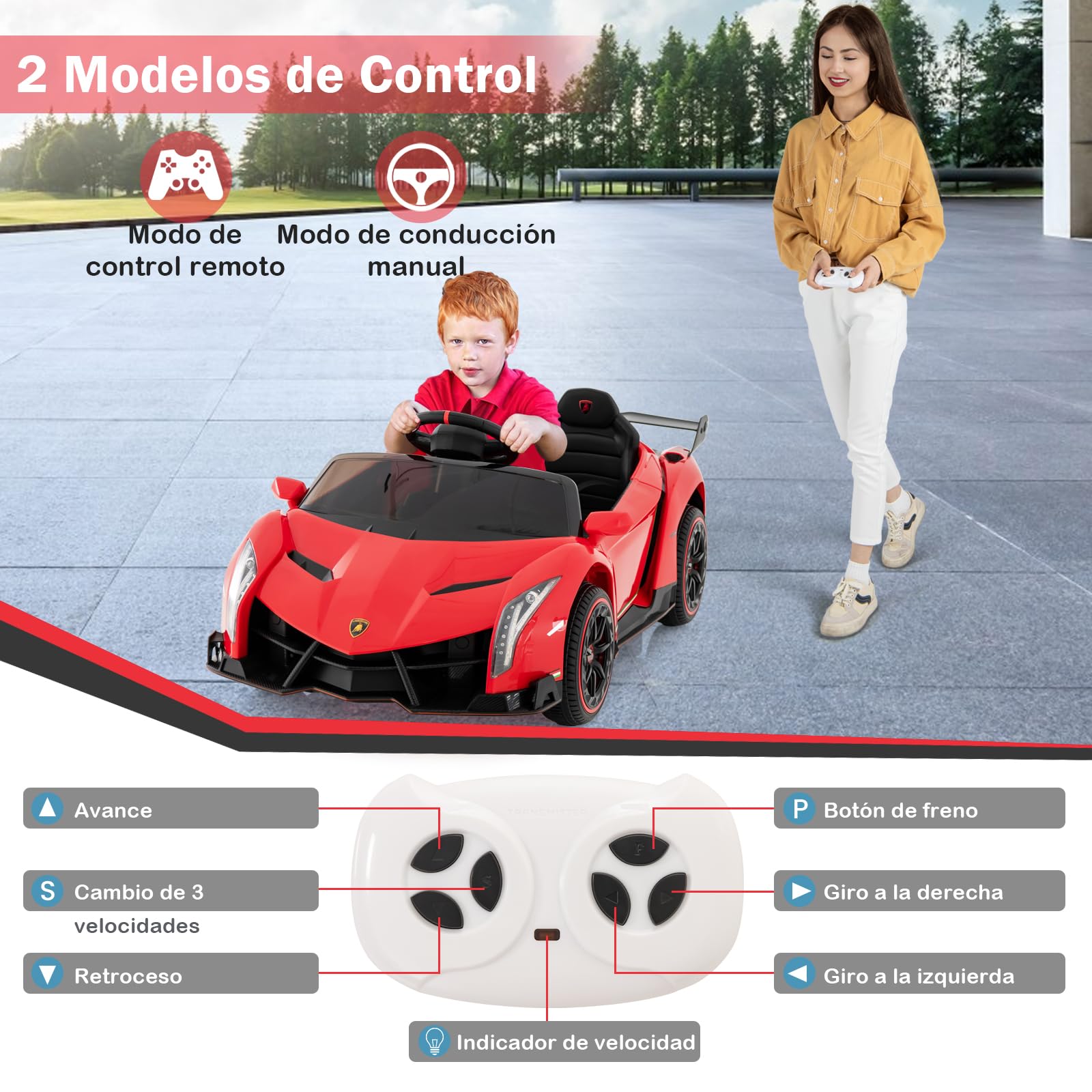 GOPLUS Coche Eléctrico Infantil 12V, Coche Infantil Lamborghini 1 Plaza, Mando a Distancia 2.4G, Puertos AUX y USB, Multimedia, para Niños de 3 a 8 Años, Carga 30KG (Rojo)