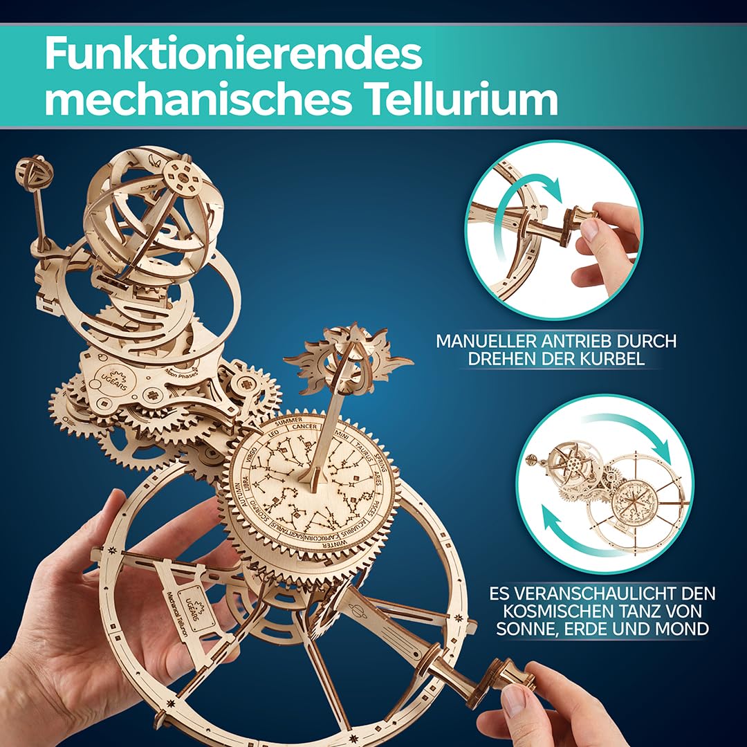 UGEARS Mechanisches Tellurion 3D-Puzzle – Vatertagsgeschenk, ERD- und Mond-Puzzle, 3D-Holzpuzzle für Erwachsene – Modellbausätze für Erwachsene zum Bauen – pädagogischer Sonnensystem DIY-Planetarium