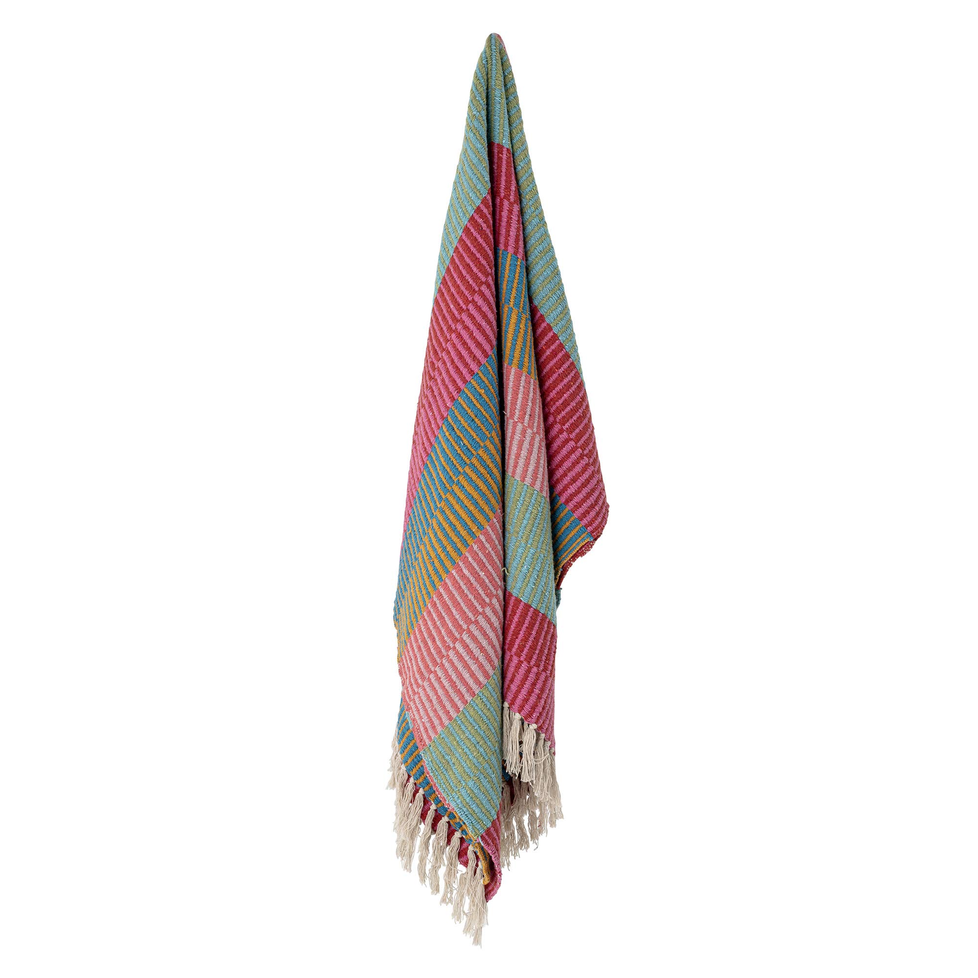 Tappeto rotondo in cotone riciclato intrecciato rosa con pompon, D.100
