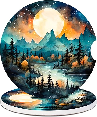Miniatura 21 de Posavasos para automóvil, palmera con luna llena, paquete de 2 absorbentes para portavasos, inserto antideslizante universal de cerámica absorbente