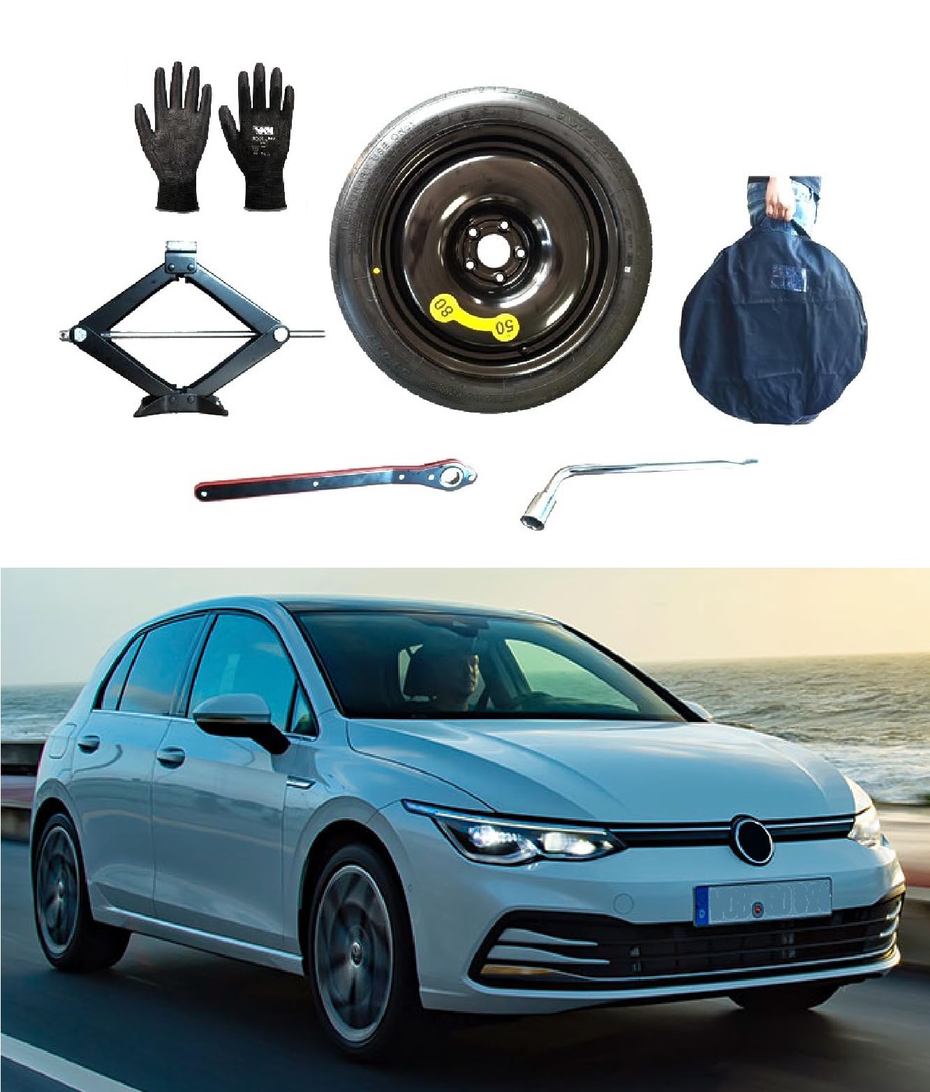 Kit de Rueda de Repuesto 16" compatible con Volkswagen Golf V/VI/VII/VIII (No GT) con Gata, Llave, Guantes y Funda125/80R16
