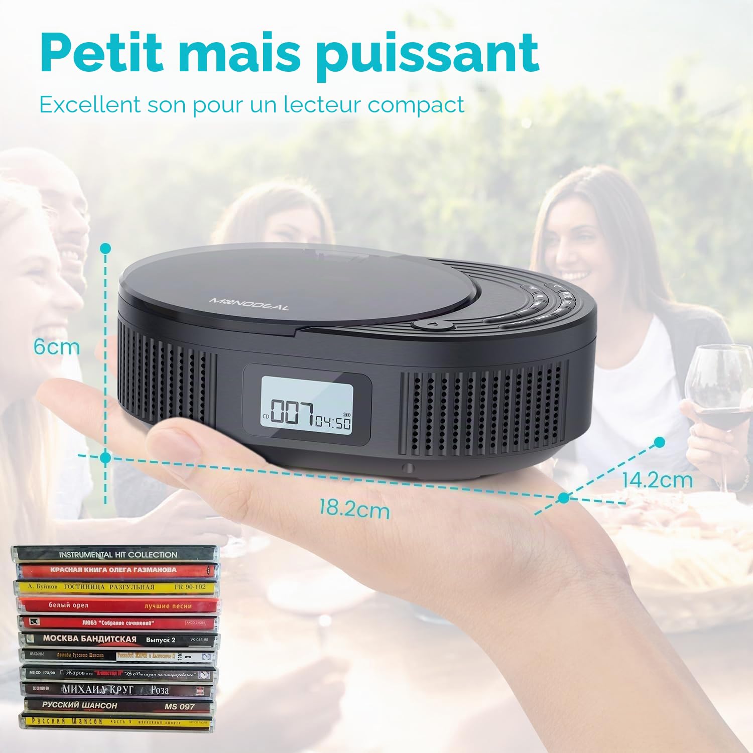 Lecteur CD Monodeal 2 en 1 avec Bluetooth et radio FM, rechargeable, portable, avec haut-parleurs, prise en charge AUX/USB