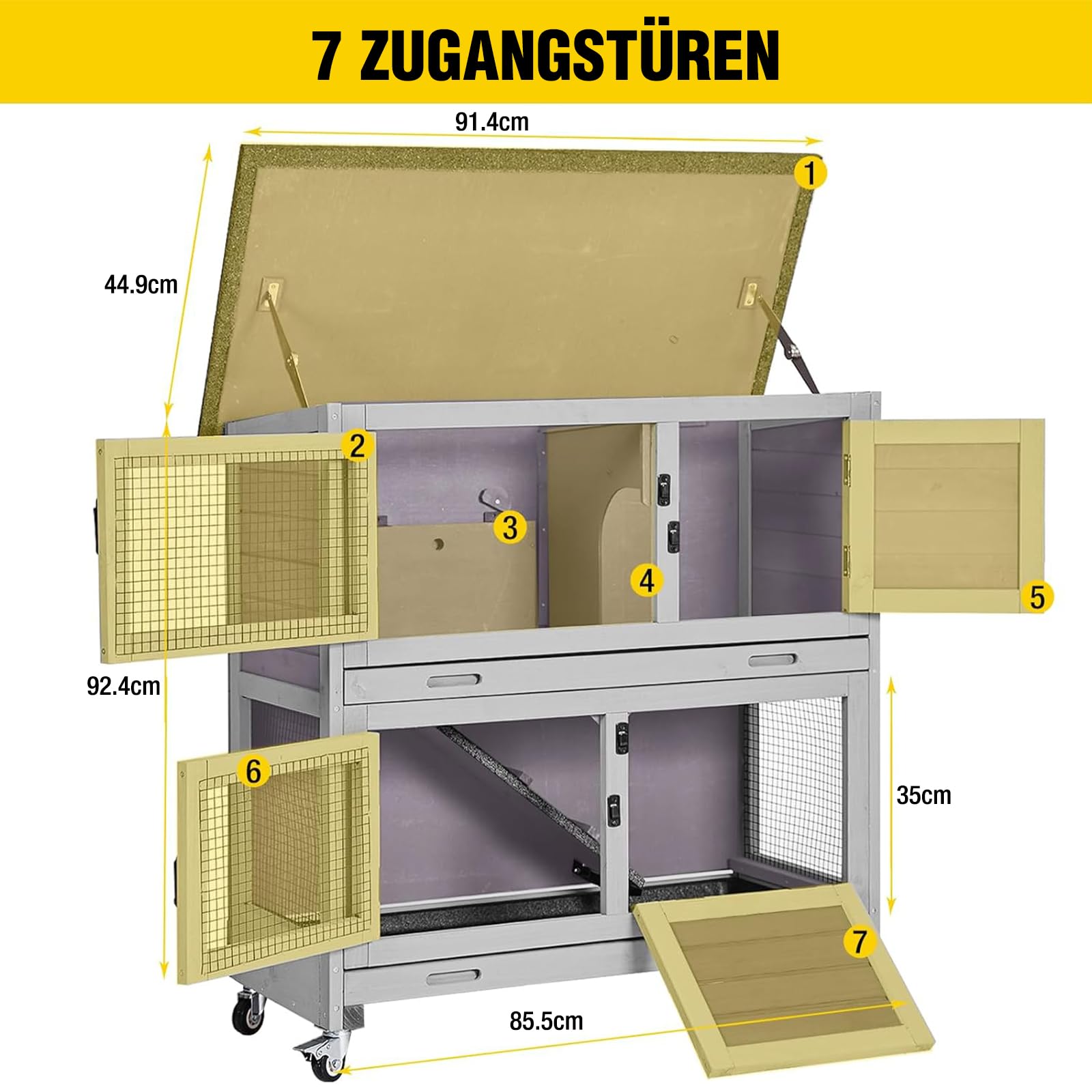 Aivituvin Hasenstall Kaninchenstall – Zweistöckiges Gehege für Kaninchen und Meerschweinchen, Innen Außeneinsatz (Grau-M)
