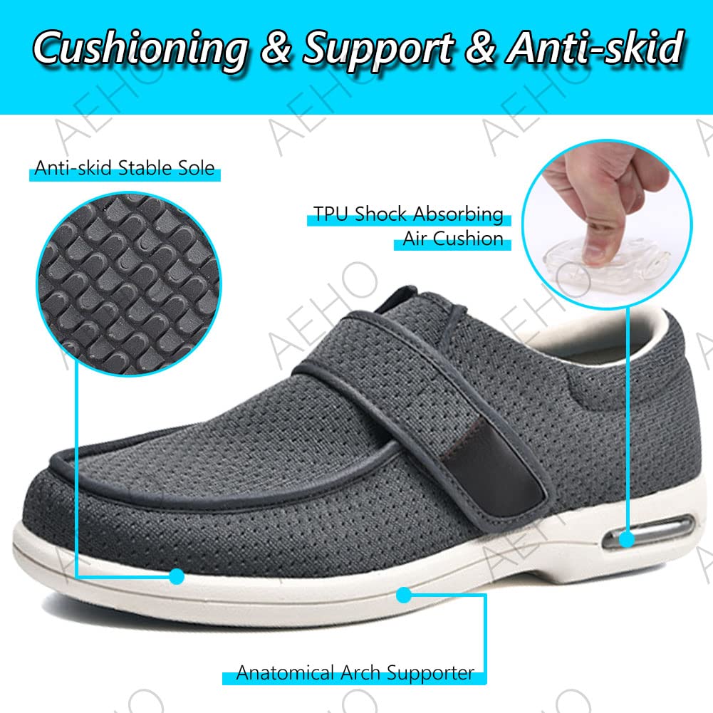 AEHO Schuhe Breite Füße Herren, Hausschuhe Mit Klettverschluss Herren Bequeme Gesundheitsschuhe Breite Turnschuhe Fitnessschuhe Extra Weite Sportschuhe Passform Plantarfasziitis,Blackgray,36 EU