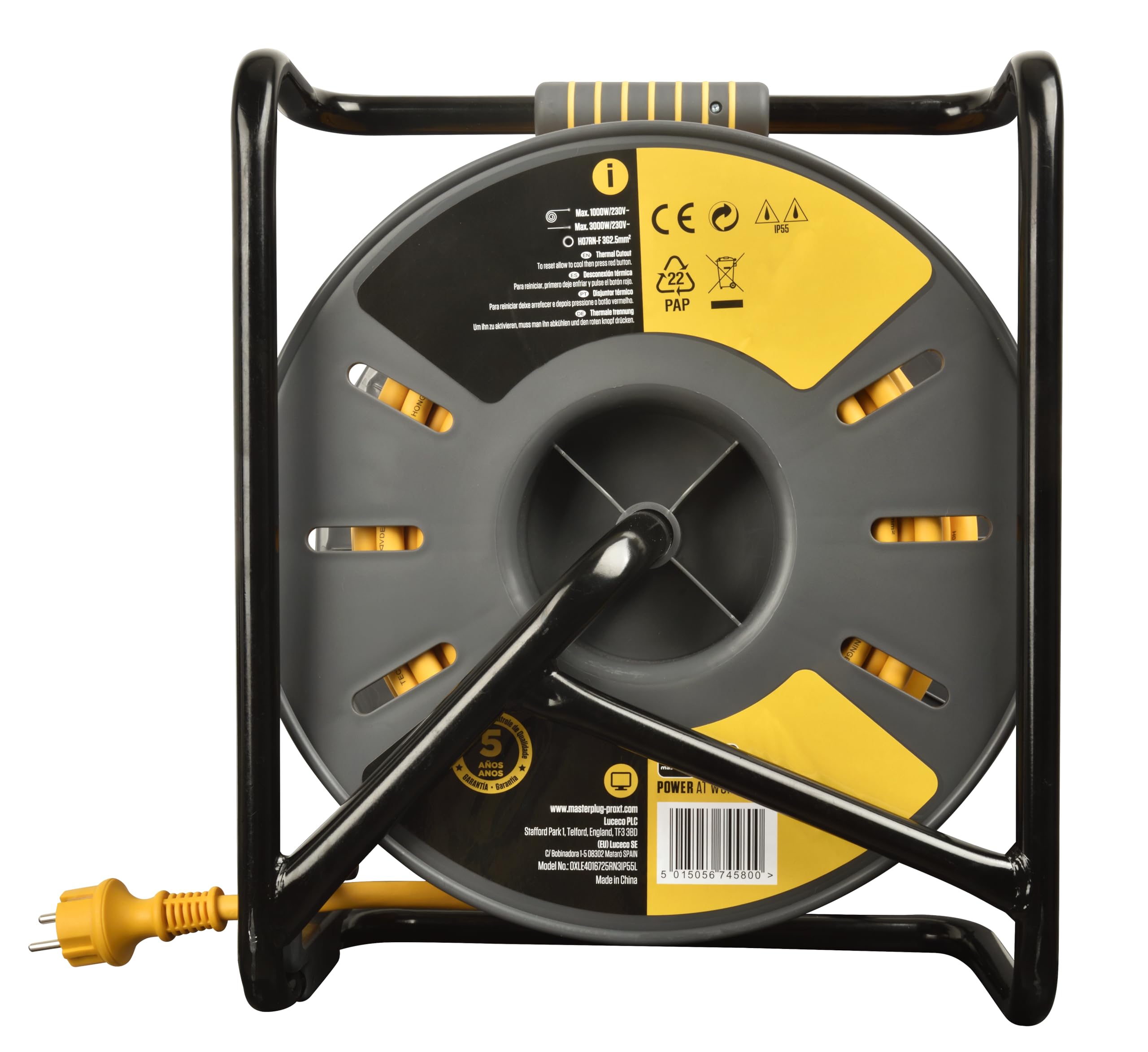 Masterplug Pro-XT Enrollacable 40m, Alargador Enchufe IP55, Extensión Eléctrica 3 Tomas Schuko, Alargo Enchufe Profesional 3x2,5mm2