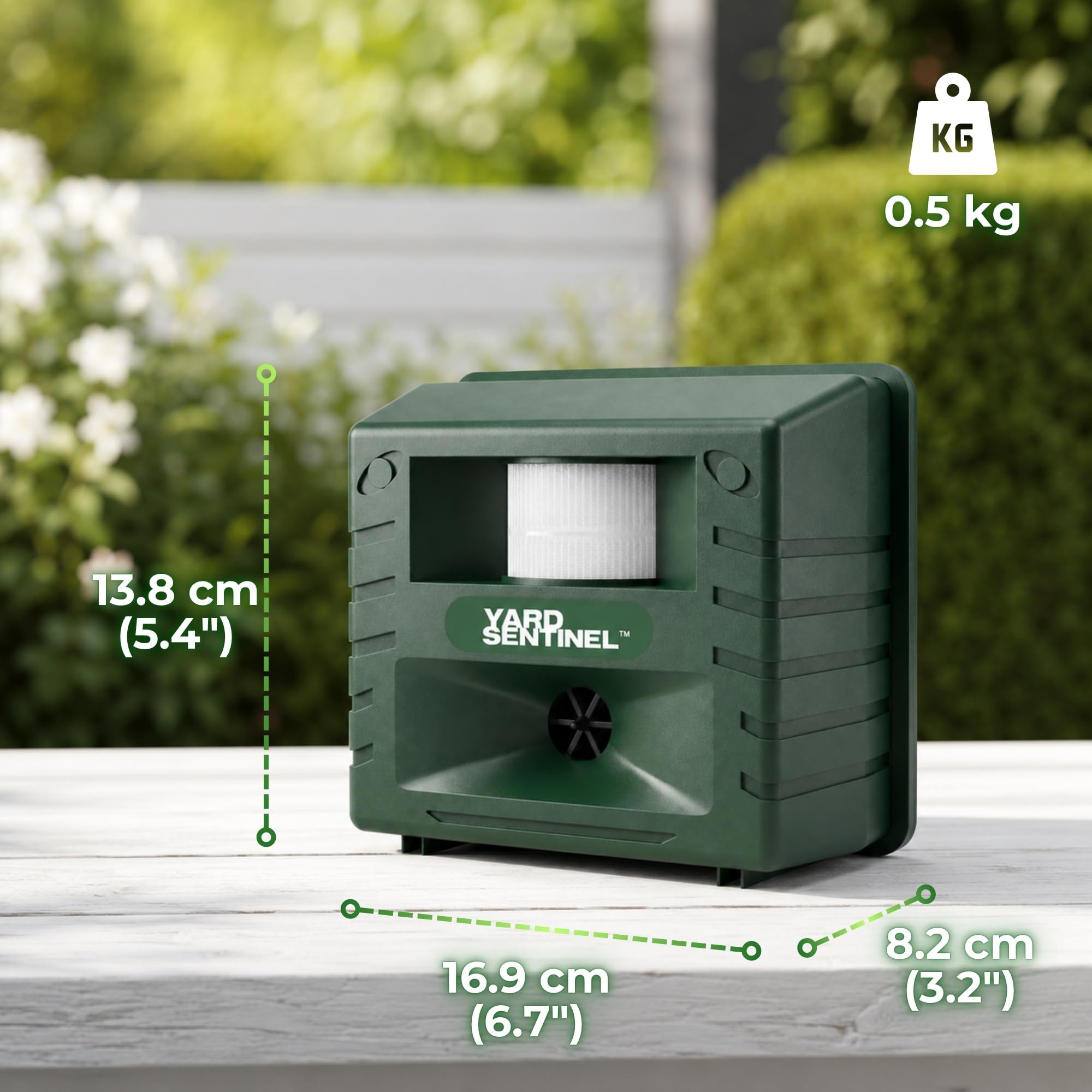 ASPECTEK Yard Sentinel Control ultrasónico de Animales, Repelente de plagas para Ratas, Ratones, Gatos, Perros y Ciervos con Sensor de Movimiento y Alarma antirrobo