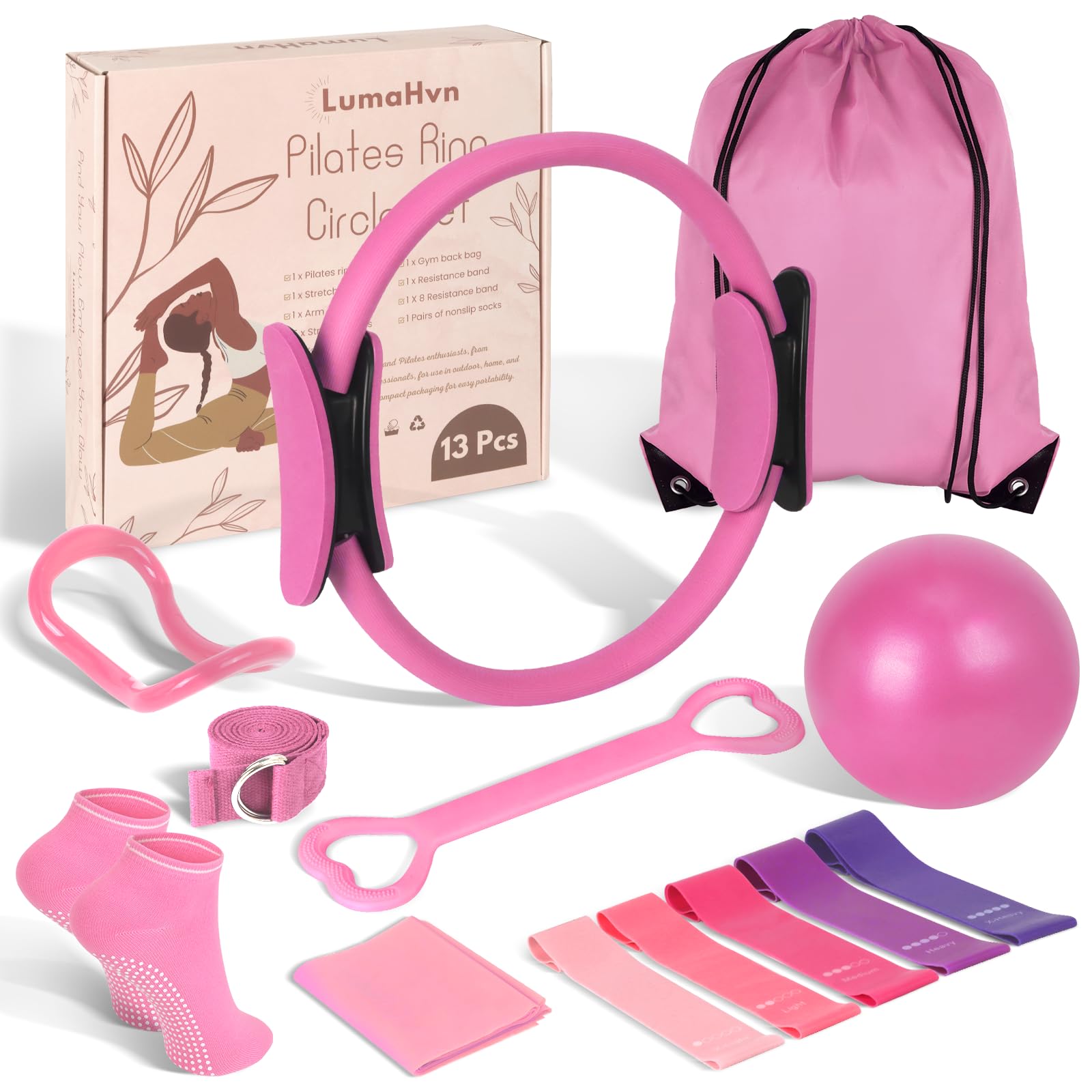 Pilates Ring Circle Set 13 pcs Pilates Equipment Accessories for Home Workouts Includes Pilates Ball 12” Magic Circle Yoga Ring and Resistance Bands for Women Pilates Ring and Ball Set Gift