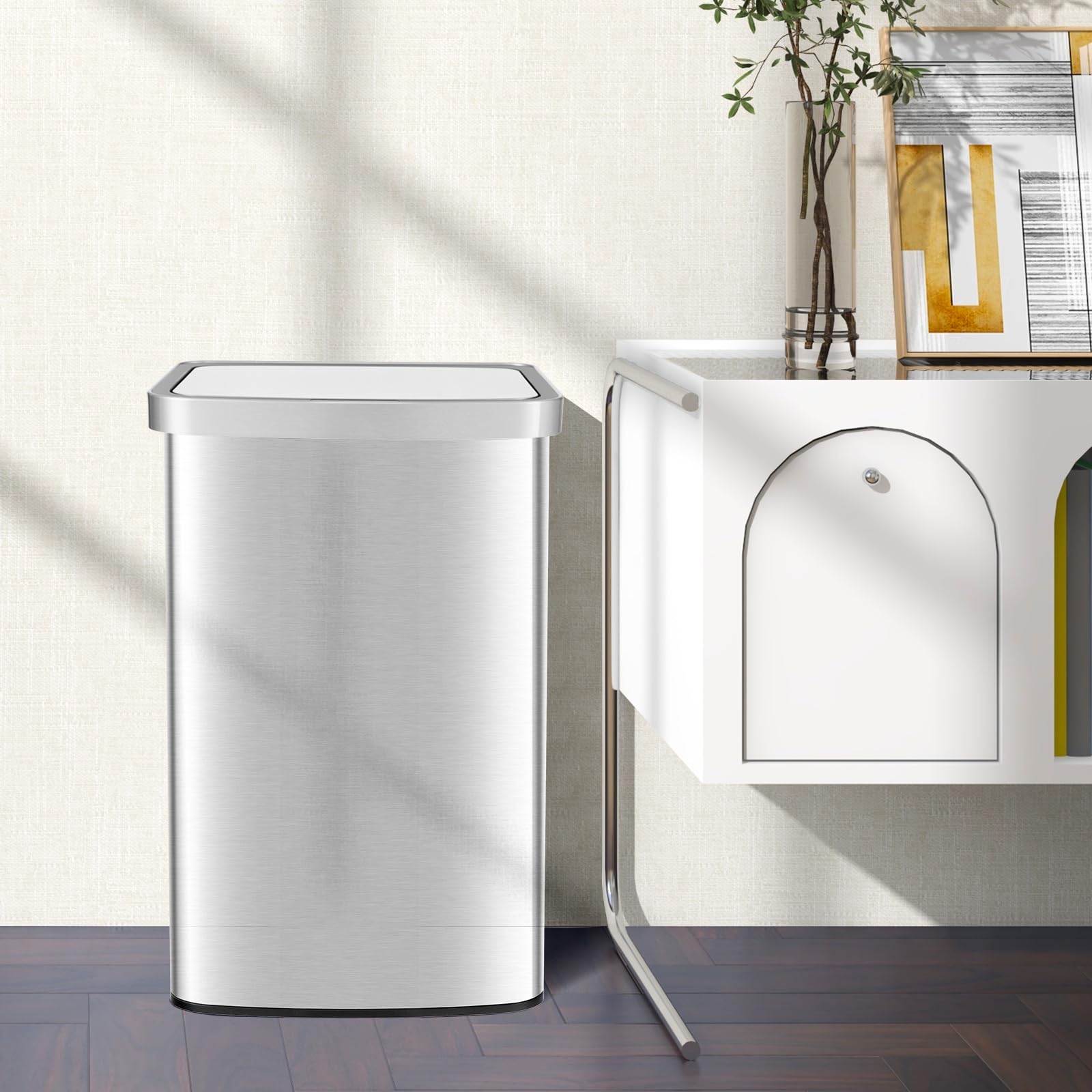 COSTWAY Cubo de Basura Cocina de 50L, Papelera Cocina Rectangular con Sensor de Movimiento Infrarrojo con Tapa de Cierre Suave, Cubo de Basura Automático para Cocina, Baño, Oficina, 39 x 29,5 x 82 cm
