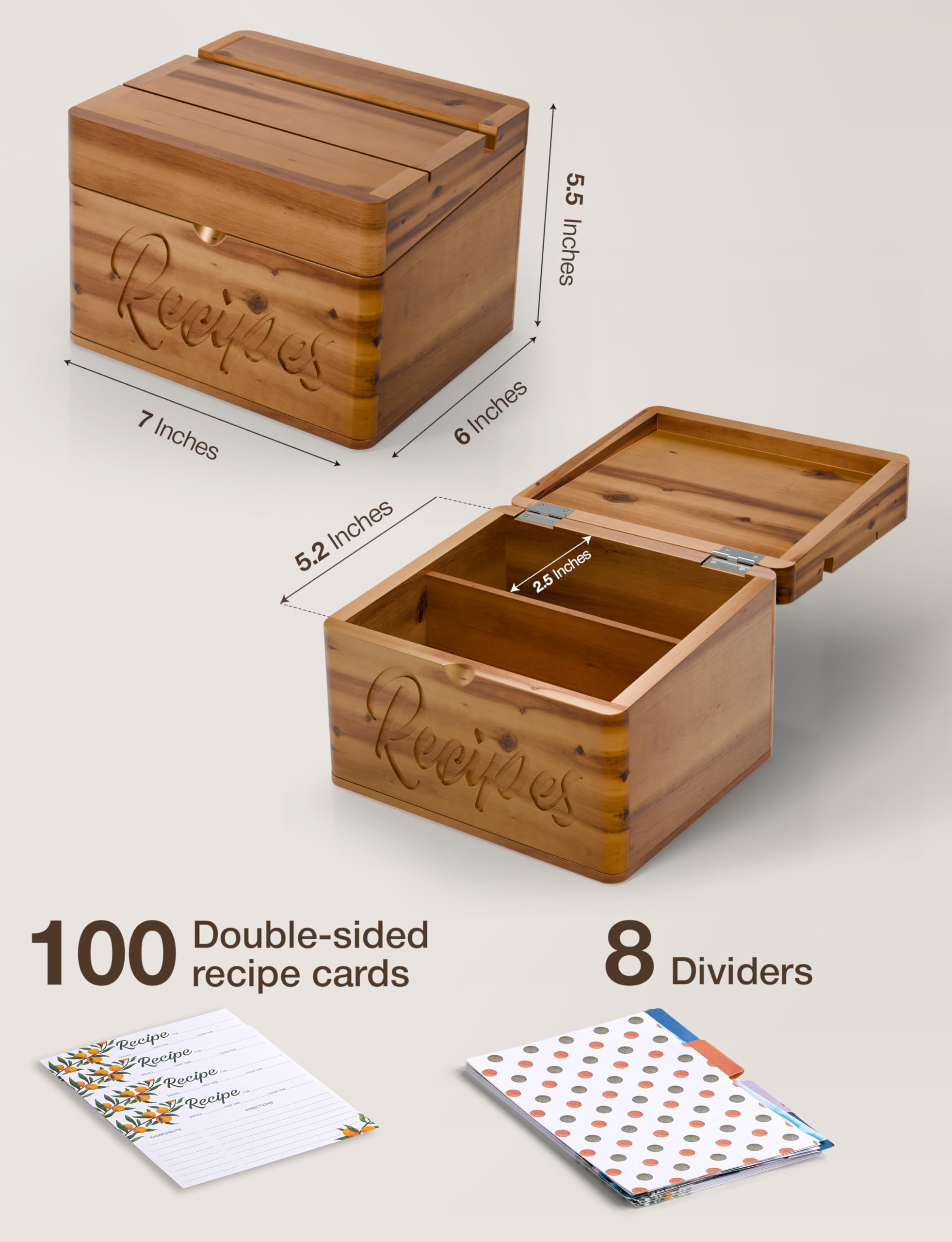 Acacia Recipe Box - Wooden Holder with Cards -3