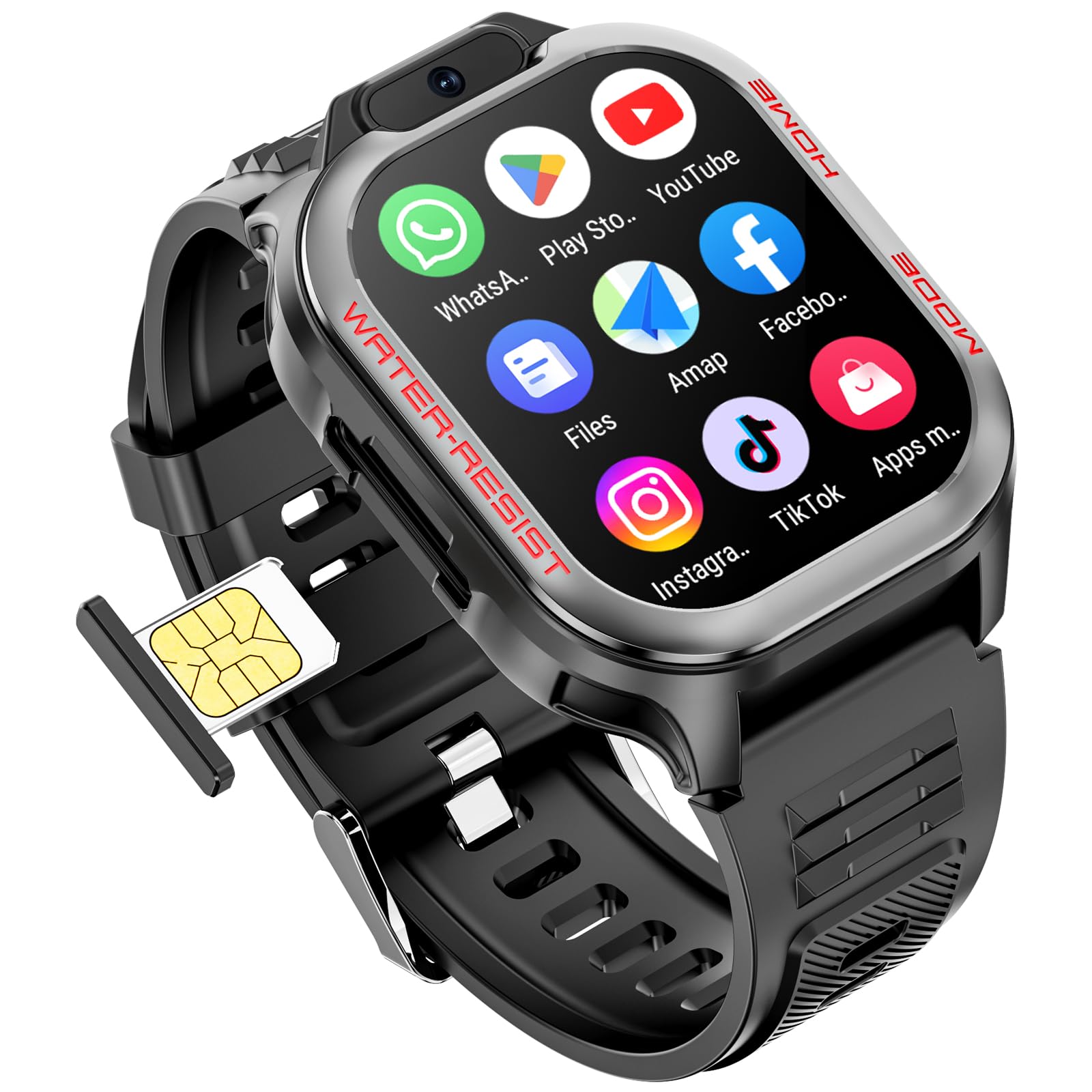 Mingtawn Montre intelligente 4G avec emplacement pour carte SIM - Téléchargement d'application, appels vidéo, SMS, suivi d'activité et de santé, GPS intégré et fonction SOS pour homme et femme.