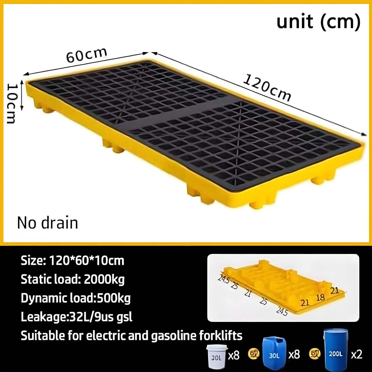 Vasca di contenimento Olio Anti-sversamento, Piattaforma di contenimento per fusti di Piccole Dimensioni, Pallet modulare Industriale per Garage, Cantina, Laboratori 120 * 60 * 10cm